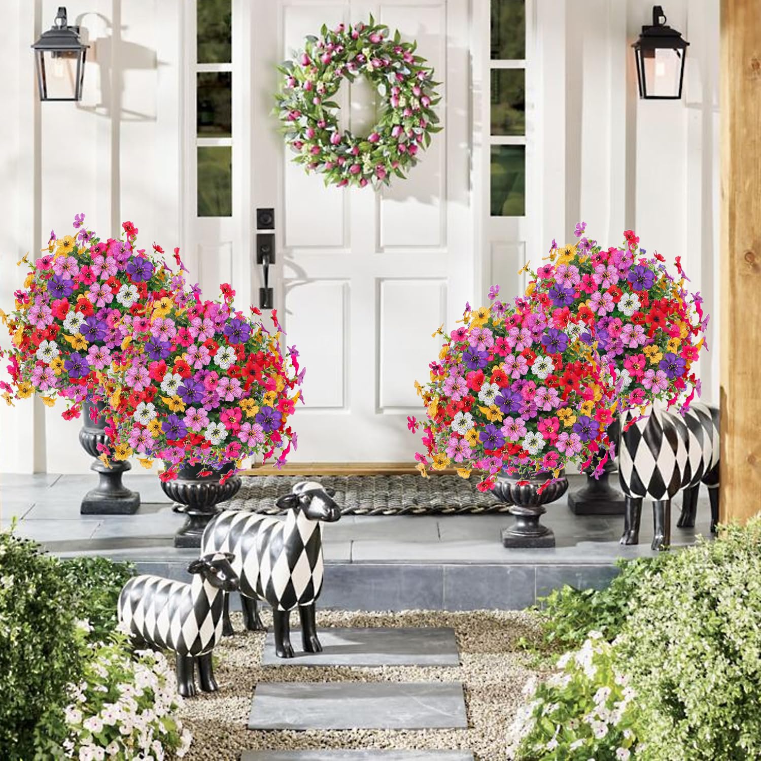 2 alberi di bosso artificiali da 58,4 cm, resistenti ai raggi UV, con fiori viola, arbusto, piante artificiali, sempreverdi, per giardino,