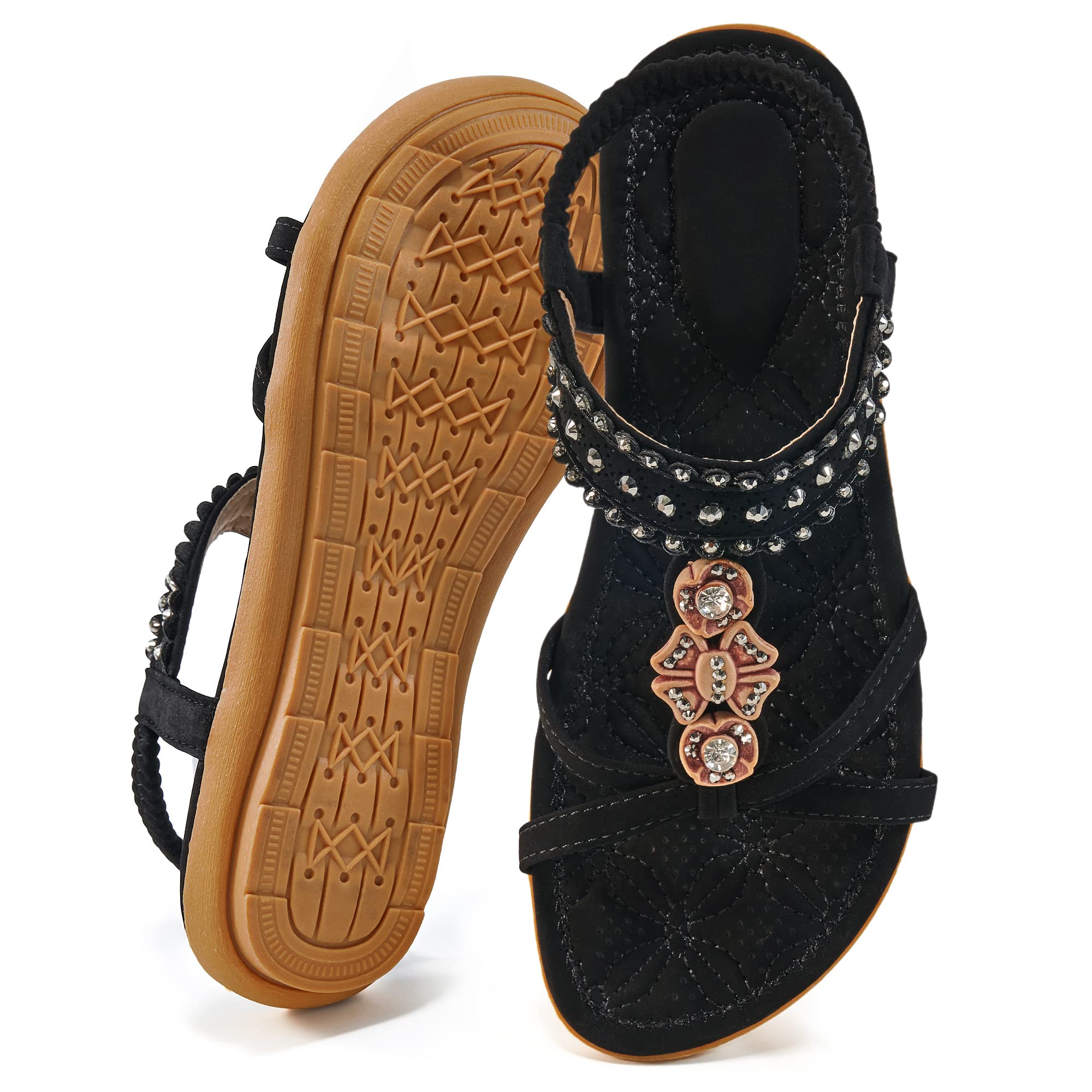 Ecetana Womens Flats Sandals Dressy Summer Boho Comfortable Casual Ankle Strap Non Slip Rhinestone Shoes