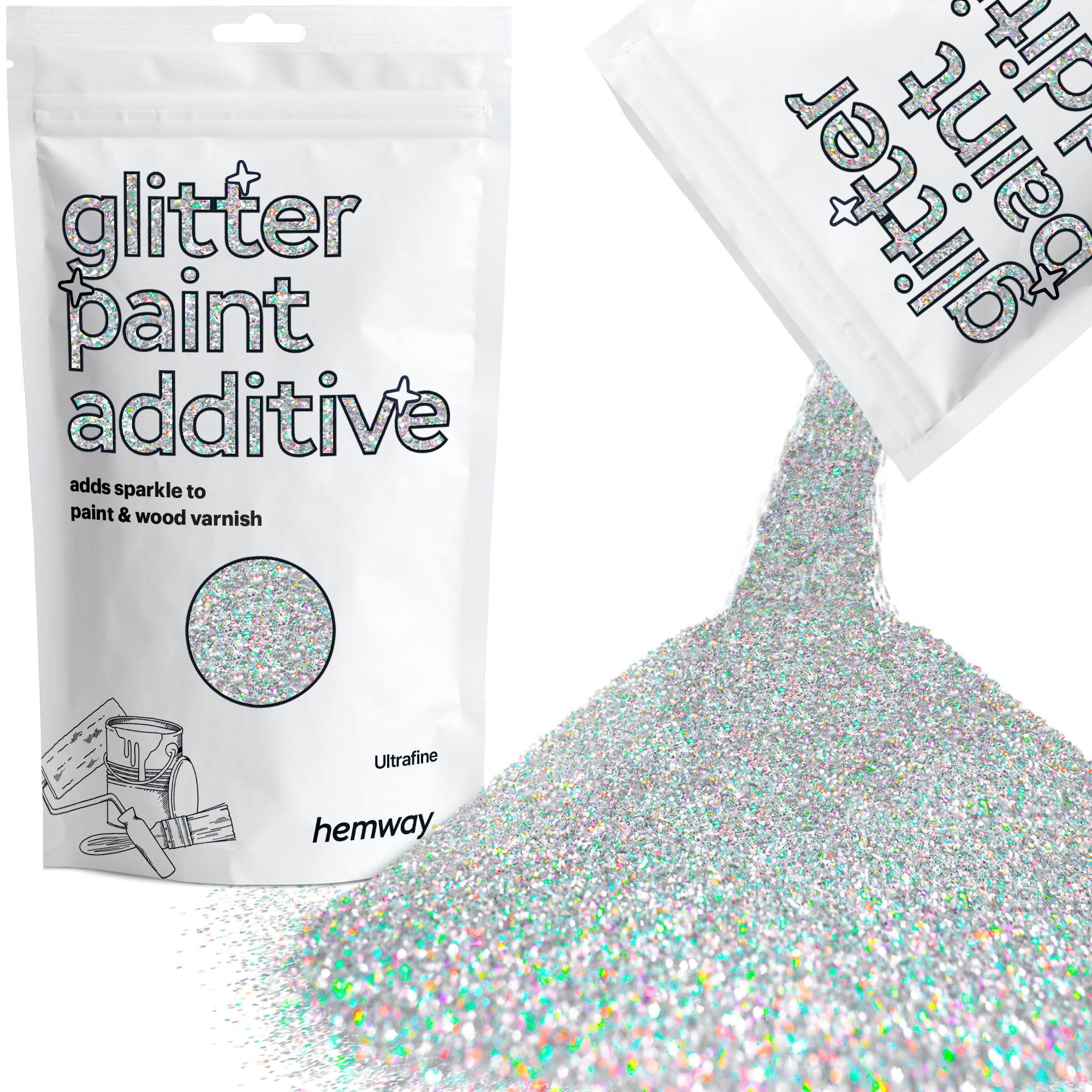 Hemway Glitter Paint Additive - Silver Holographic | 100g Metallic Flakes for Adding Sparkle to Paints & Wood Varnish | Add to Emulsion, Acrylic & Latex for Indoor Sparkly Walls
