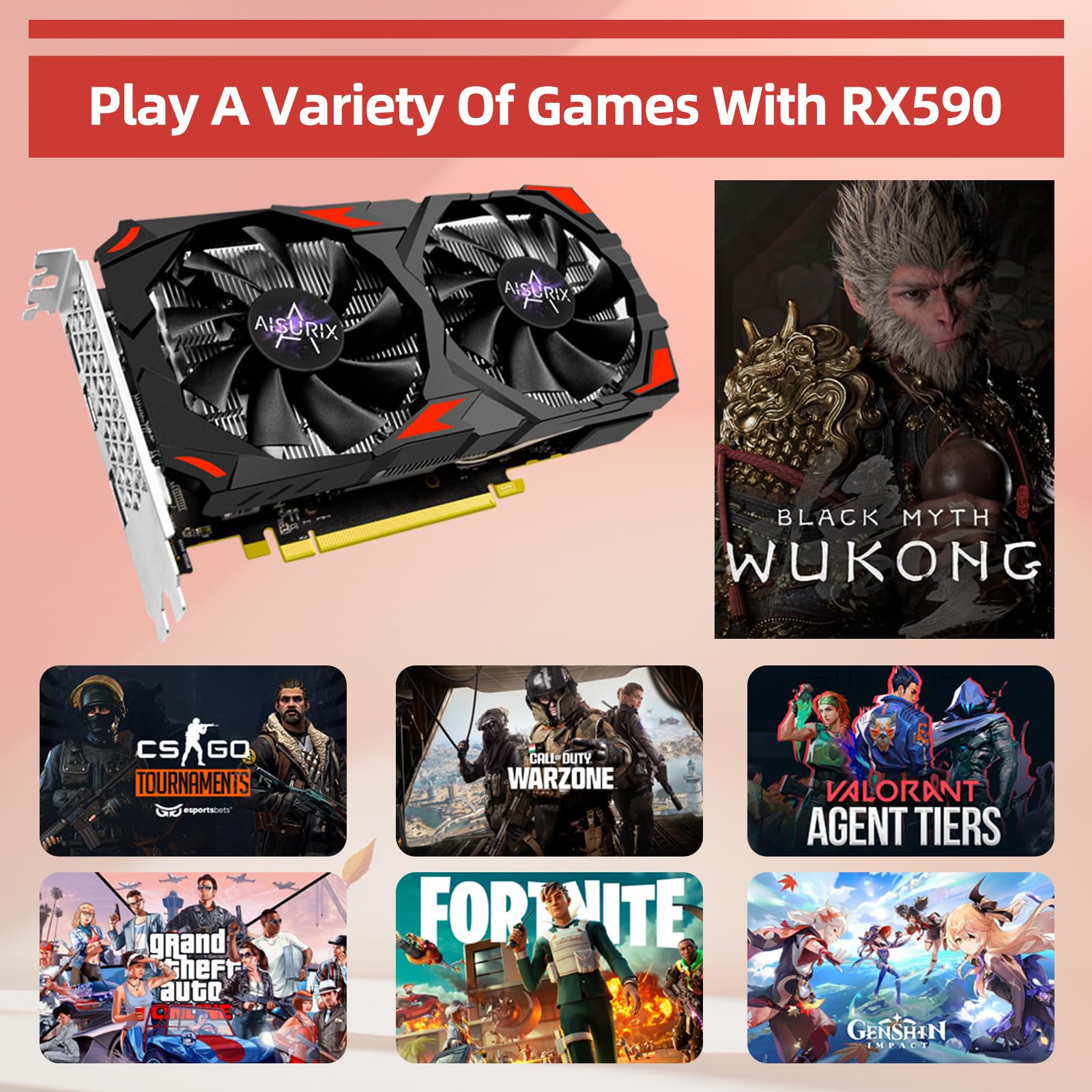 AISURIX RX 590 Grafikkarte, Real 8GB, GDDR5, 256 Bit, RX 580 2304SP PC Gaming Grafikkarte, 2XDP, HDMI, PCI Express 3.0 mit Freeze Fans Grafikkarte für Gaming PC