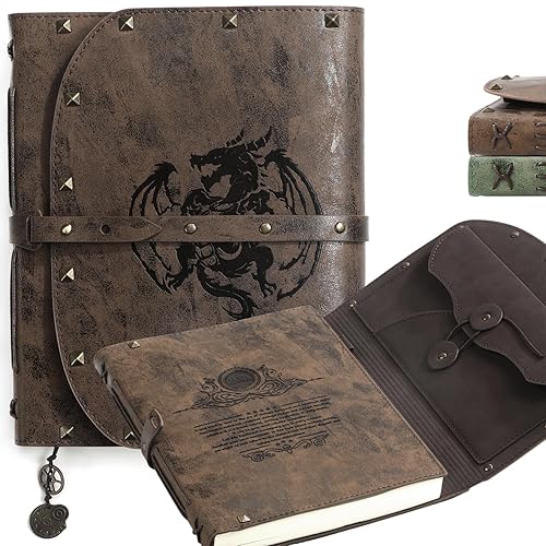 ACTIONDRAKE DND Dragon Notebook/Diary, Dragon Embossed Notebook for Dungeons & Dragons/D&D Series, RPG Accessory for DMs and Players Nerdy Gifts, 288 Pages A5 Leather Notepad for Men and Women. - Khaki Dragon