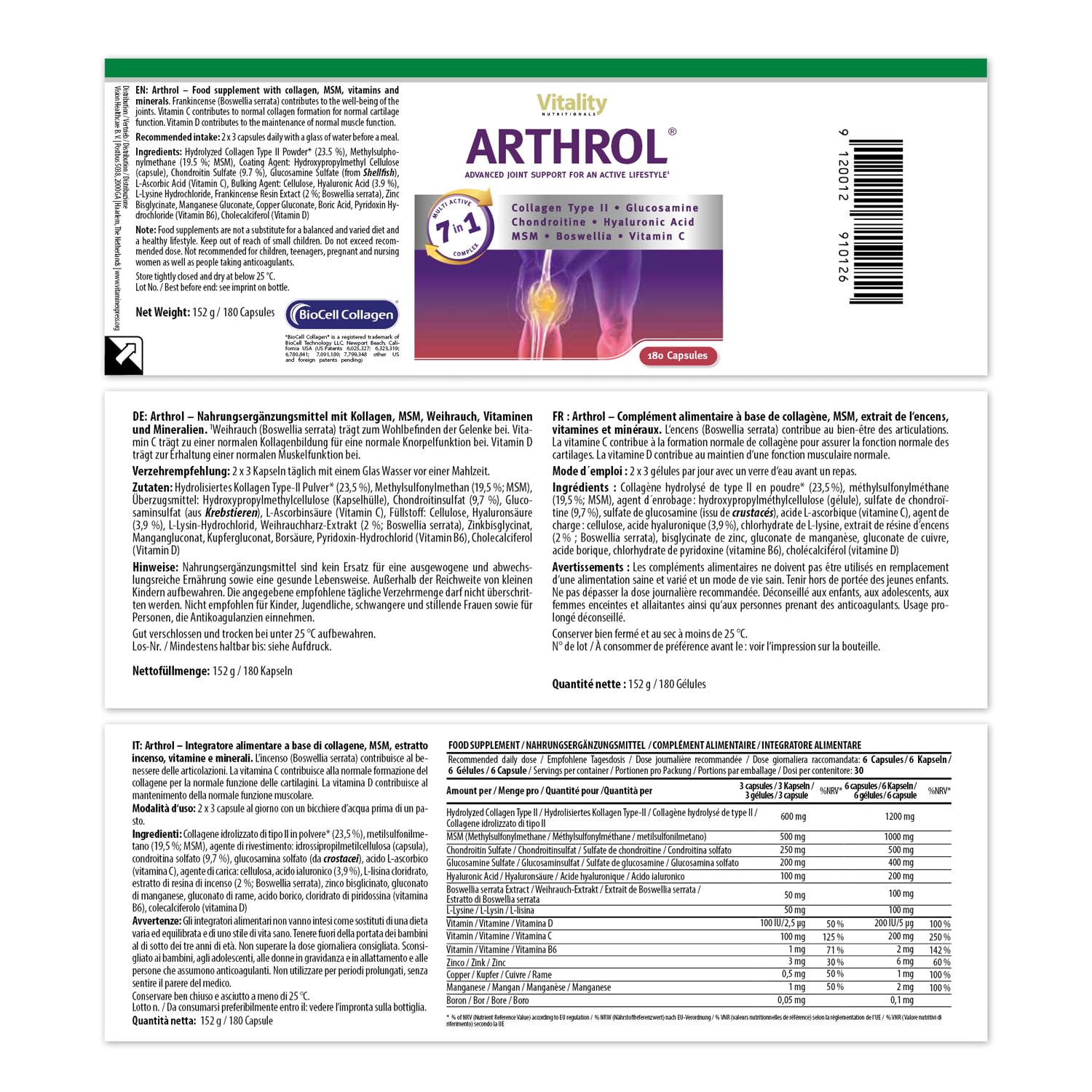 ARTHROL Gelenkkapseln Hochdosiert mit MSM, Kollagen, Glucosamin, Hyaluron ohne Zusatzstoffe, 180 Kapseln, Gelenkschmerzen, Knorpelaufbau, Aminosäuren I Vitality Nutritionals by VitaminExpress