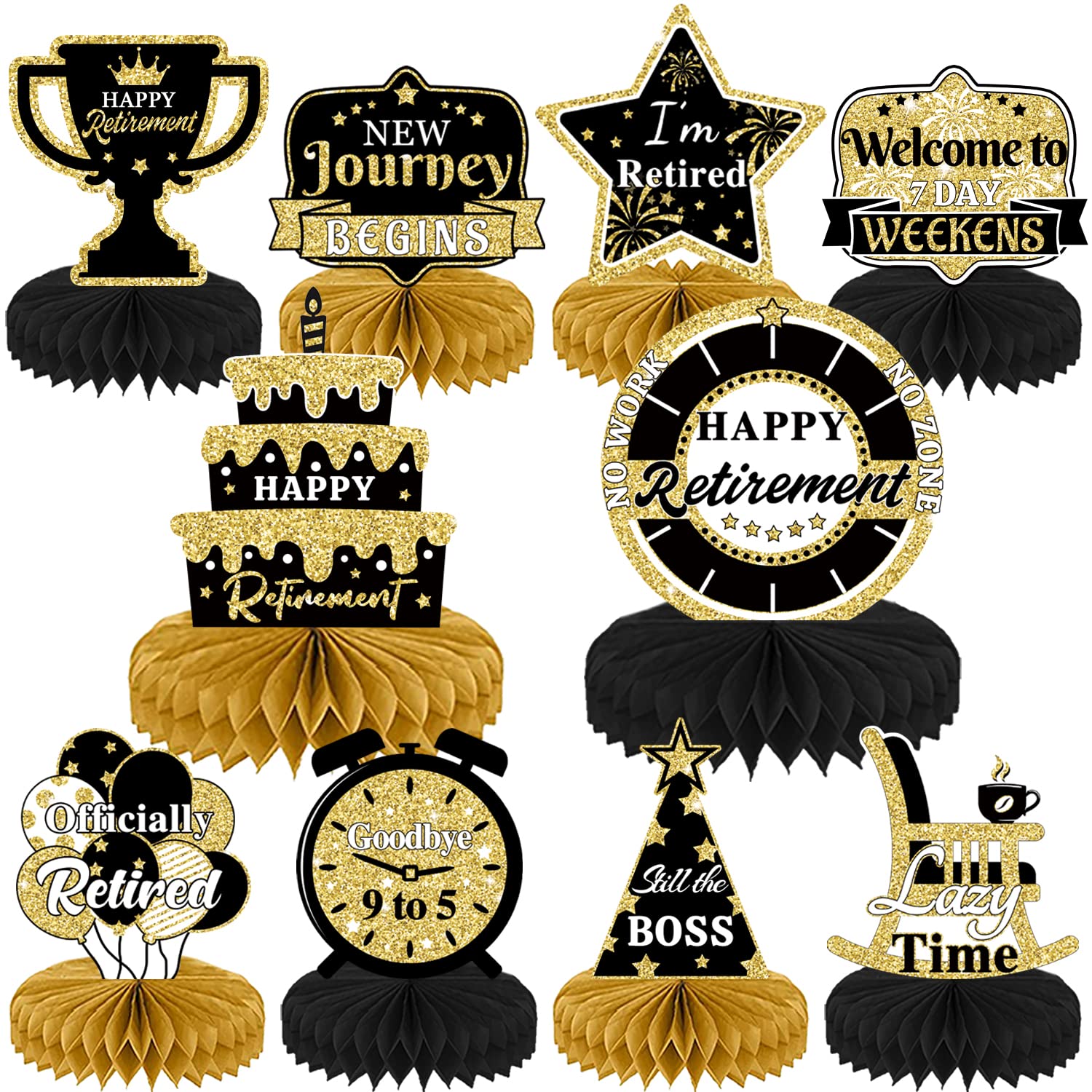 10PCS Retirement Party Decorations，Retirement Honeycomb Centerpieces Gold and Black Retirement Table Decorations for Happy Retirement Party Supplies Man and Women