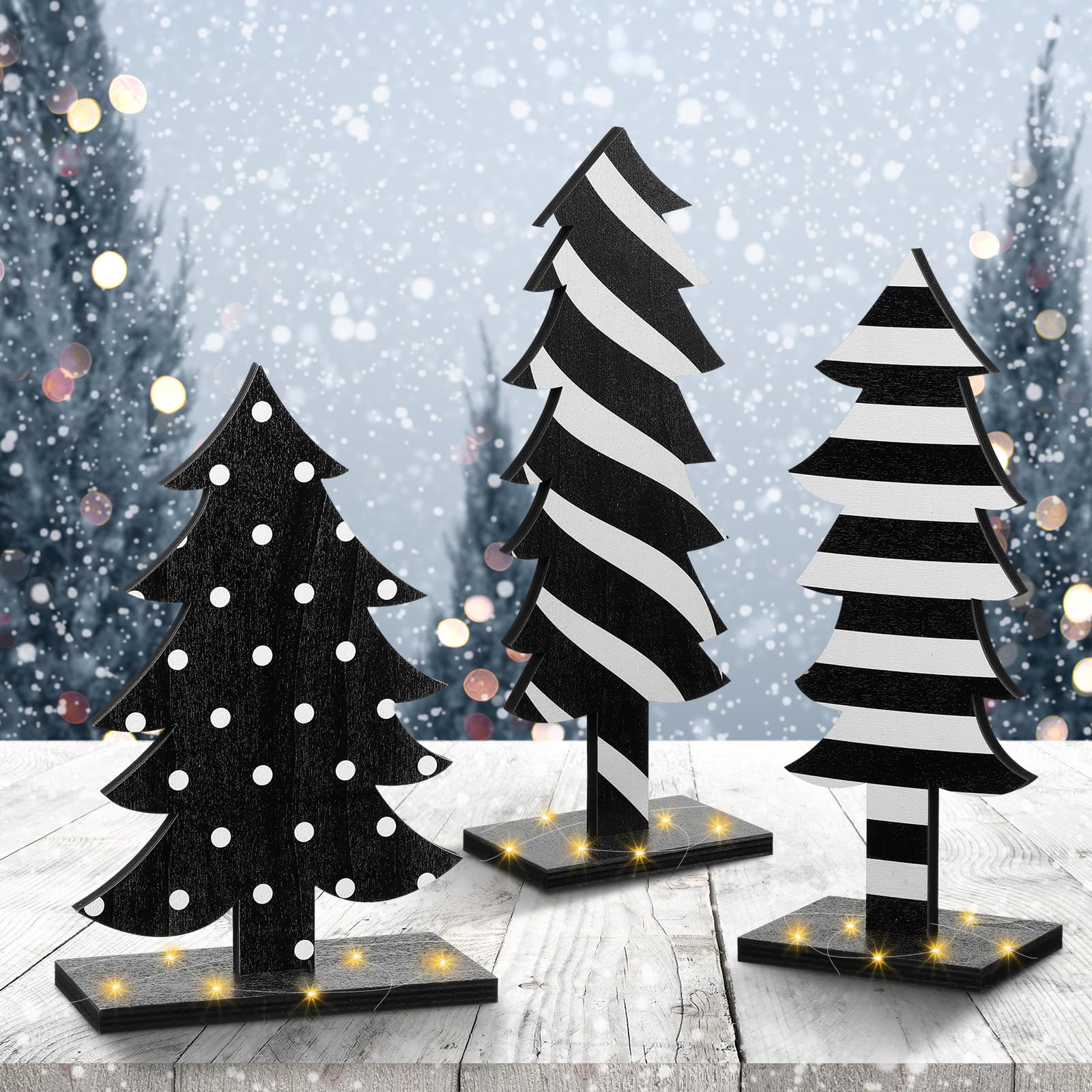 Meooeck 3 Pcs Table Christmas Tree Decorations Farmhouse Black and White Freestanding Handmade Wood Trees Rustic Wooden Christmas Tree Centerpieces for Tabletop Xmas Home Office Holiday Party Decor