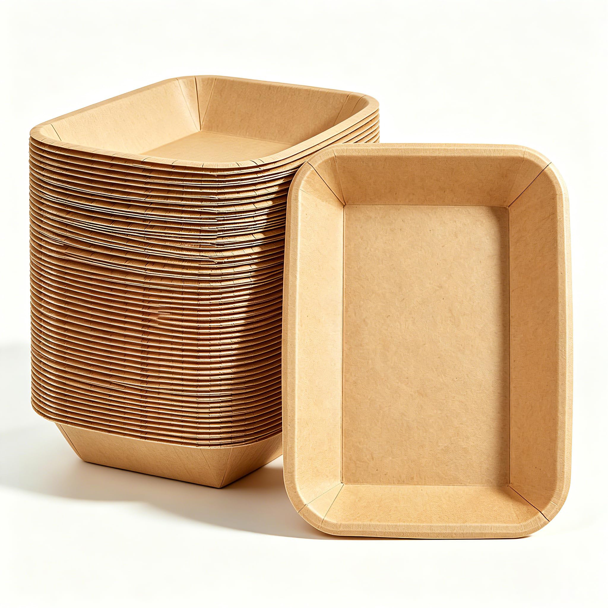 Cherypick 50 Pack Disposable Bamboo Pulp Food Trays, 7.87"x 5.91" (20 x 15cm), Heavy Duty Paper Boats, Eco-Friendly Biodegradable Compostable Serving Trays for Party, Picnic, BBQ, Takeaway, Snacks