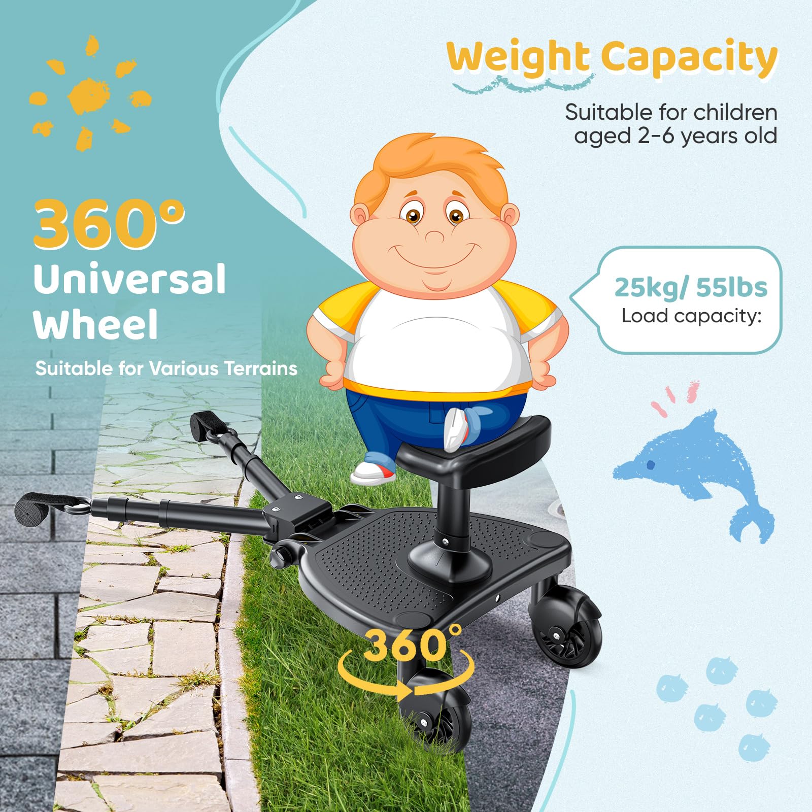 Monopatín universal con asiento grande, tablas con ruedas compatible con el 99% de cochecitos, monopatín universal, 2 en 1 caminata, cochecito para niños de 2 a 6 años (25 kg)