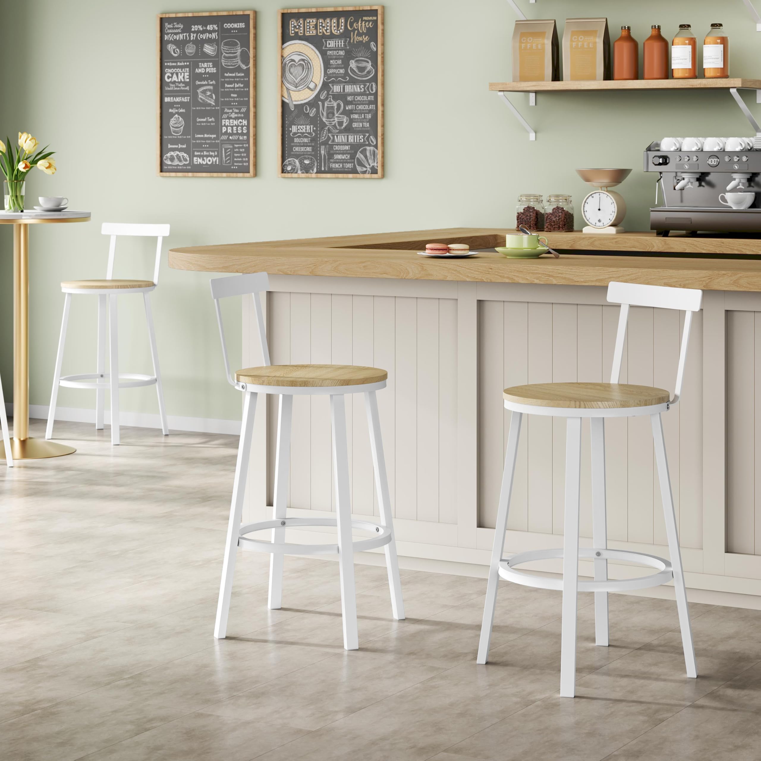WOLTU Taburetes Bar Juego de 2, Taburetes Altos Cocina con Respaldo Bajo y Reposapiés, para Comedor, Cafeteria, Barra Cocina, Roble Claro
