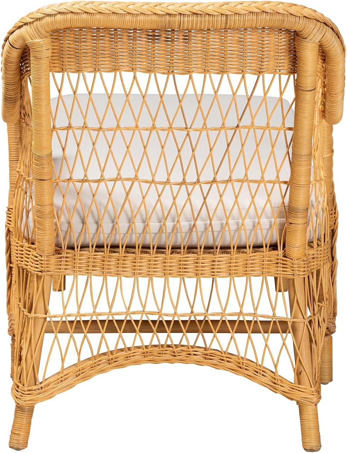 Bali & pari Bruno Natural Rattan Chaise Lounge Chair with Cushion - Handwoven Wicker Accent Lounger with Rounded Backrest and Arms for Living Room, Bedroom or Sunroom