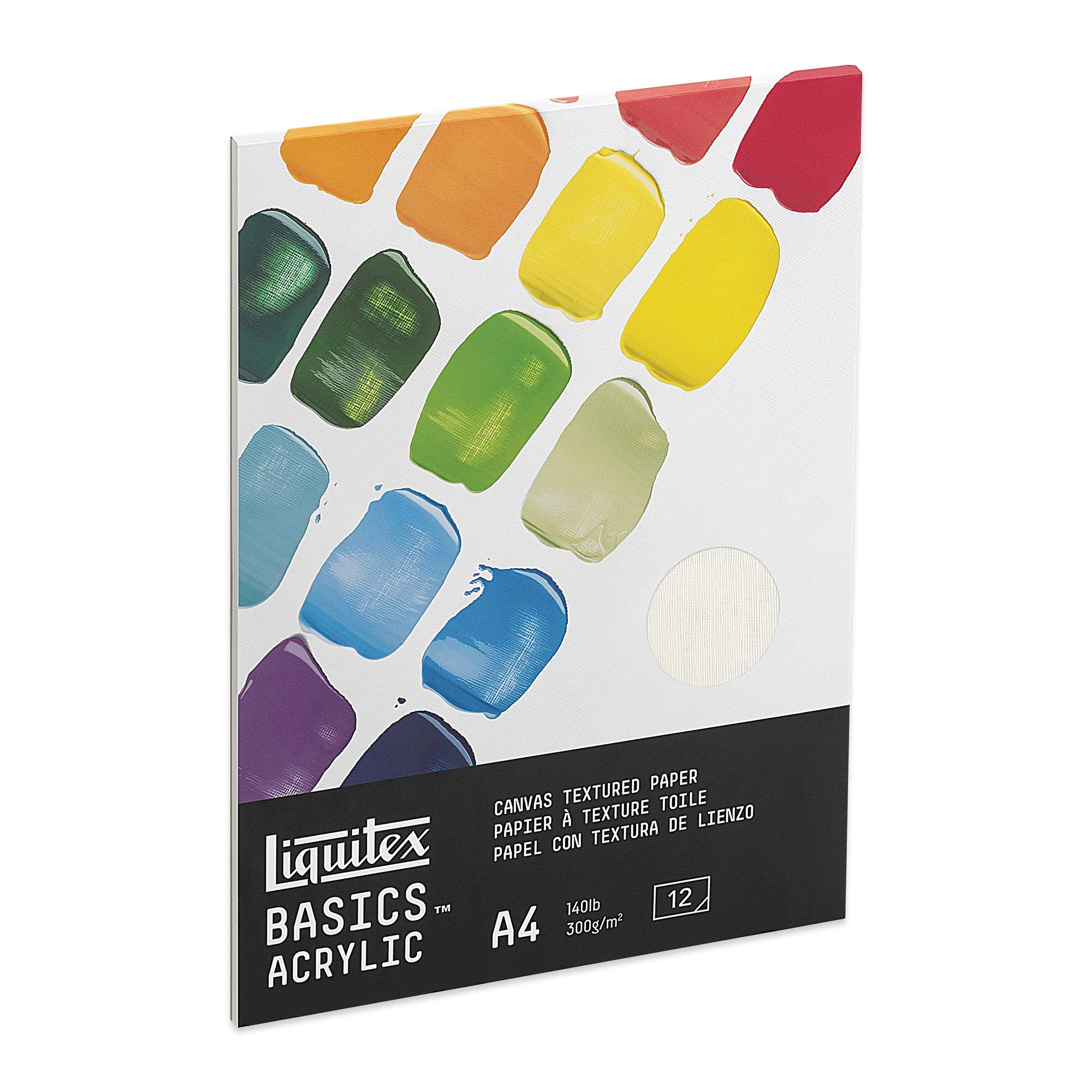 Liquitex 4602004 Basics papier akrylowy - blok do malowania farb akrylowych, 12 arkuszy biały, 300 g/m², ciężki papier do malowania akrylowego, 100% bezkwasowy, z wytłoczeniem na płótnie - A4