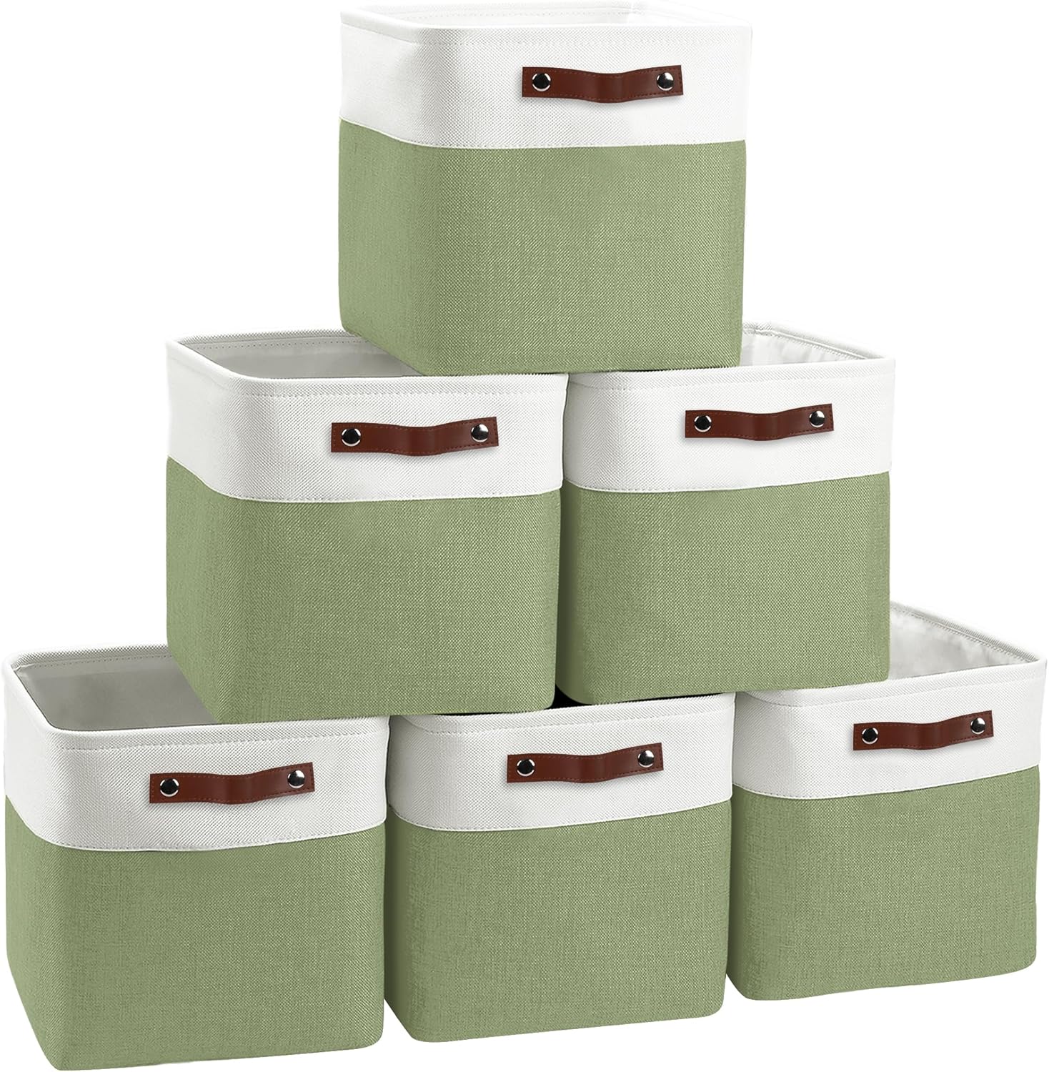Cube Storage Baskets 6 Pack, 11×11 inch Foldable Cube Storage Bins with Leather Handles for Shelf Closet Nursery Toys (White/ Green) Cube Storage Baskets 6 Pack, 11×11 inch Foldable Cube Storage Bins with Leather Handles for Shelf Closet Nursery Toys (White/ Green)