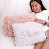 Perfectto Design Set of 2 Decorative Pillows for Toddler Kids Room. White Fluffy Princess Embroidered and Furry Pink Faux Fur Pillow. Soft and Plush Throw Pillows for Kid’s Bedroom Décor