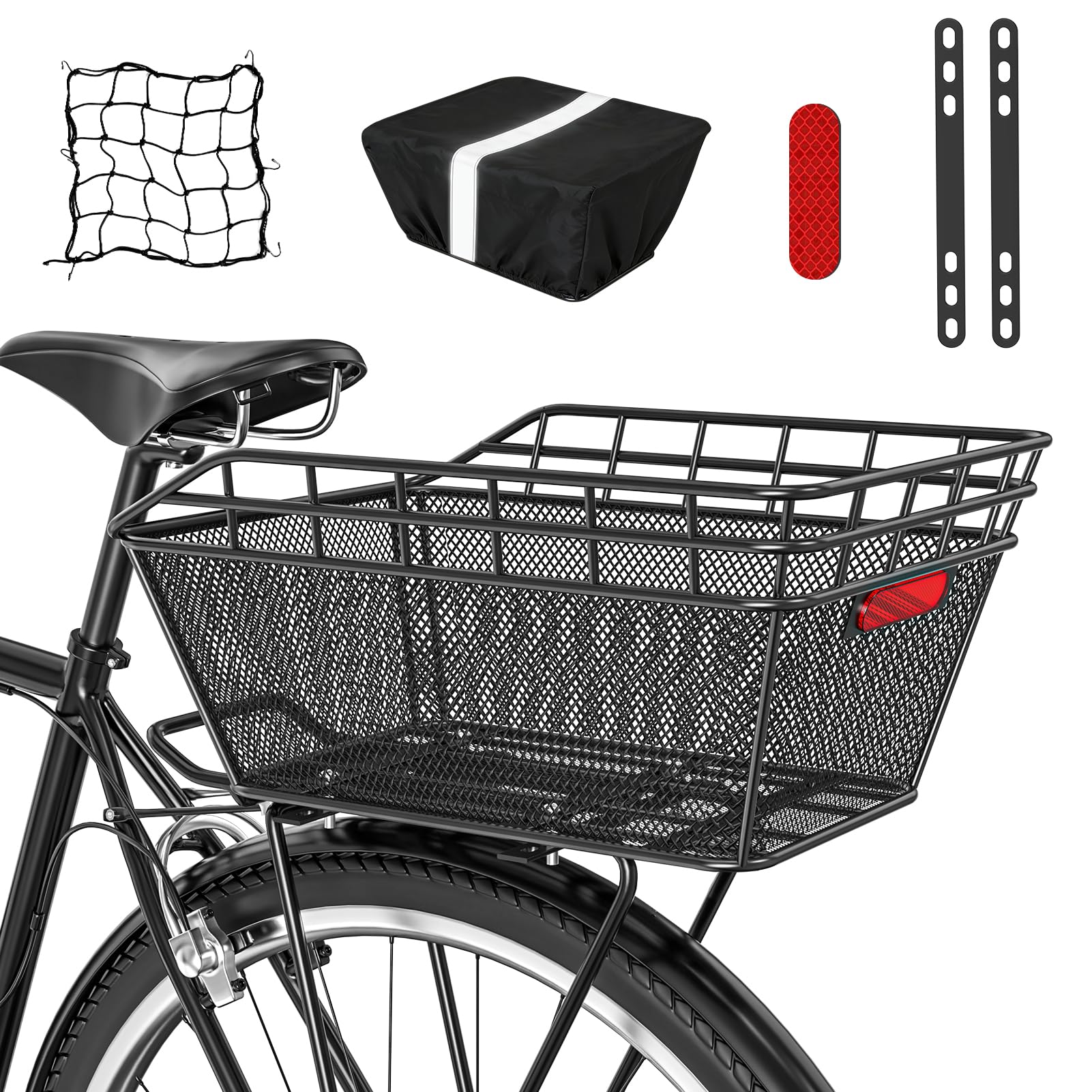 Large Bicycle Basket - Rear Bike Basket with Cargo Net and 2-in-1 Waterproof Cover, Wire Bike Baskets, Large Capacity for Adult Bikes,Electric Bike,Carrying Grocery,Ball,Dog
