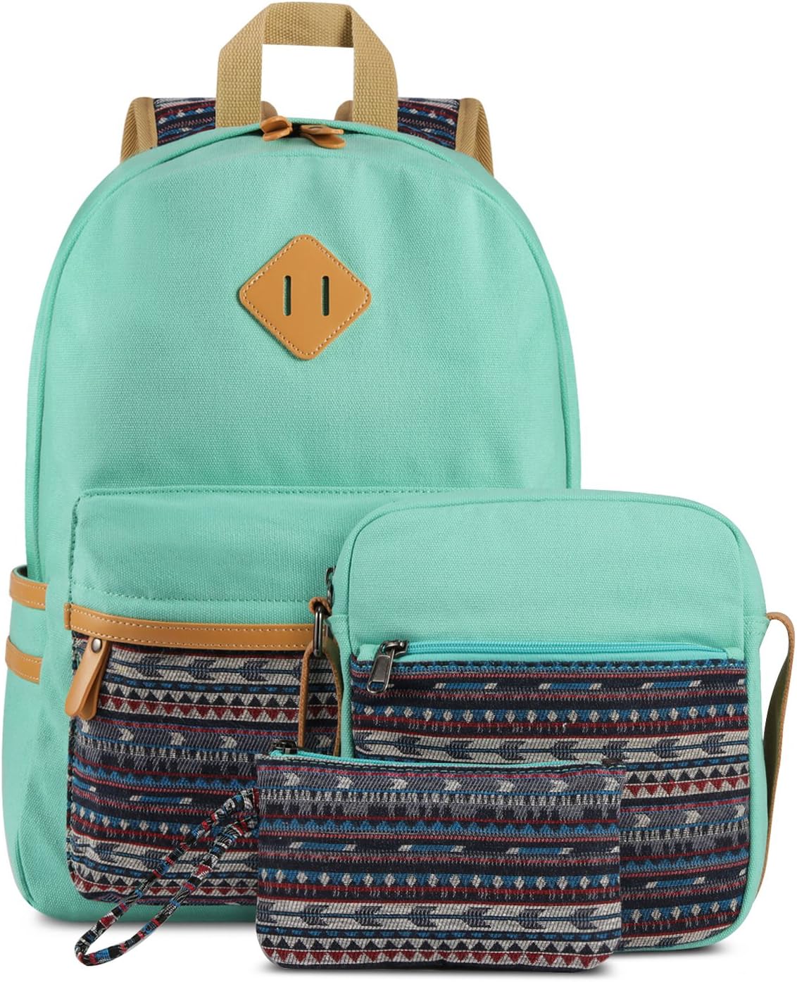 Plambag Canvas Backpack Set 3 Pcs, Casual Lightweight School Backpack for Women Teen Girls Water Blue