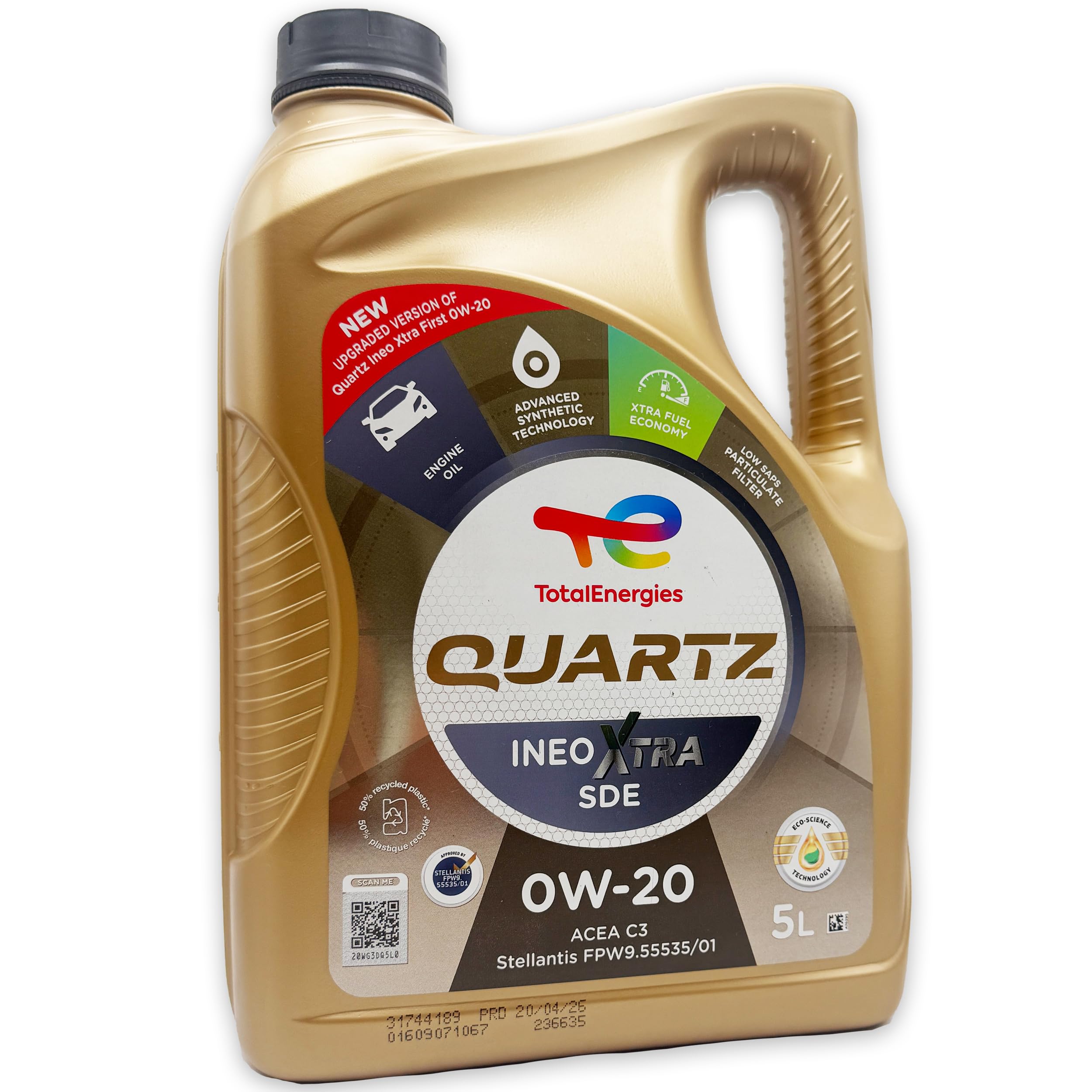 TotalEnergies Quartz INEO XTRA SDE 0W-20 | 5 L | Stellantis FPW9.55535/01 | PSA B71 2010 | Opel OV0401547-A20 | ACEA C6 | Kraftstoffsparendes Premium Motorenöl | mit Trichter