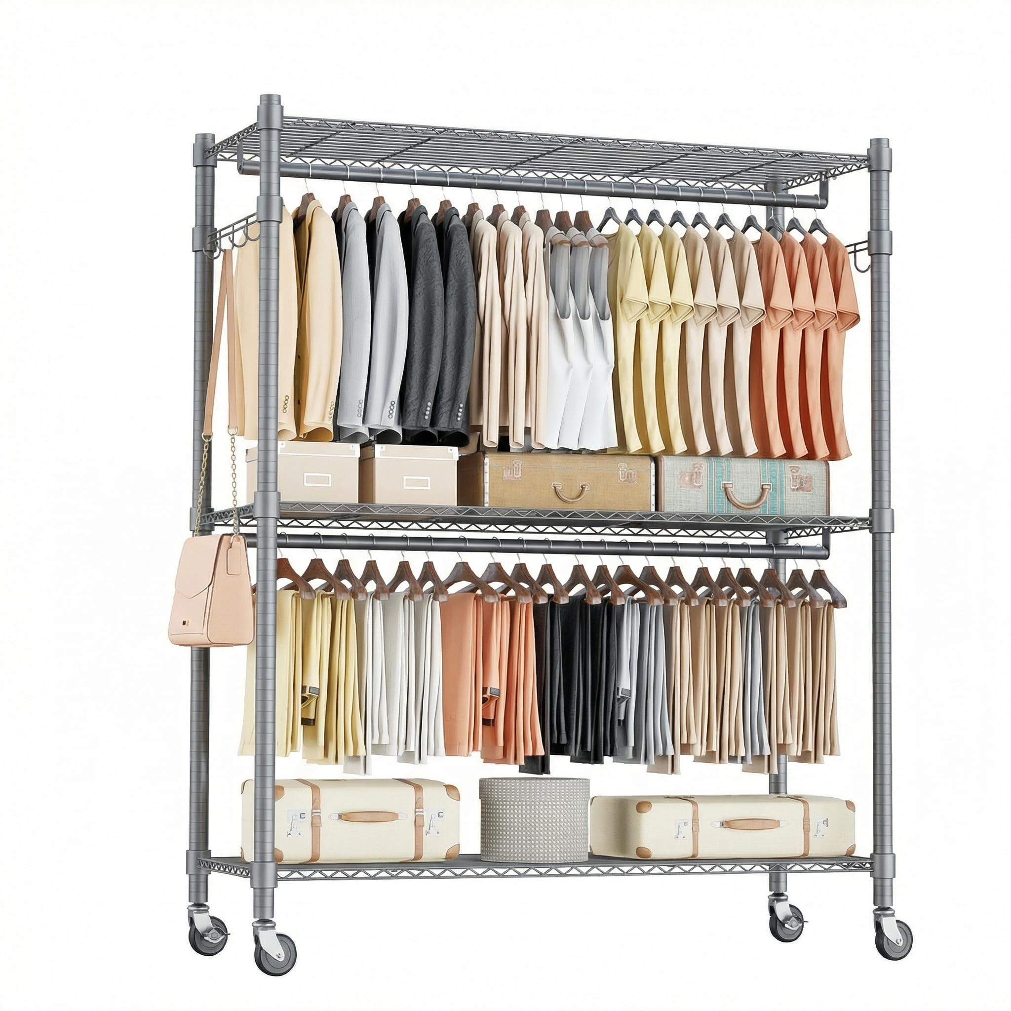 Homdox Rolling Clothes Rack Heavy Duty, 3-Tier Adjustable Wire Shelving Garment Organizer with Double Rods &amp; Hooks, Portable Clothes Rack with Wheels, 17.72" D x 47.24" W x 80.71" H, Grey