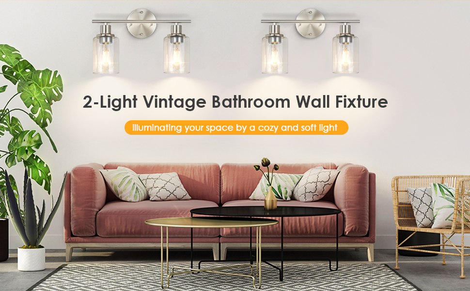 Image of Bathroom Light Fixtures, 2 Light Vanity Light, Silver Wall Sconces Lighting