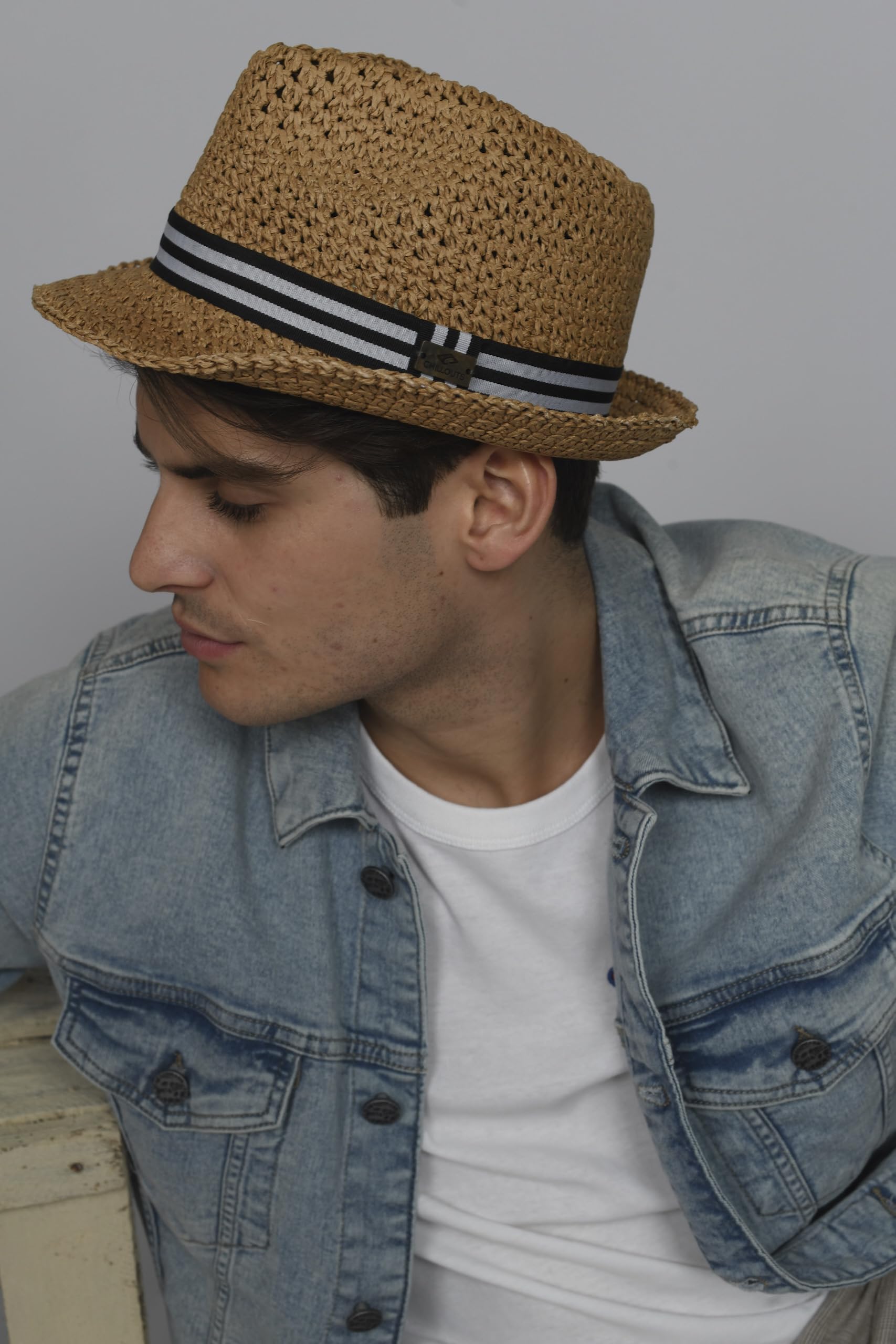CHILLOUTS Honalo Trilby Crochet Strohhut Sonnenhut Sommerhut Strandhut Strohtrilby Damen/Herren - mit Ripsband Sommer Frühling-Sommer