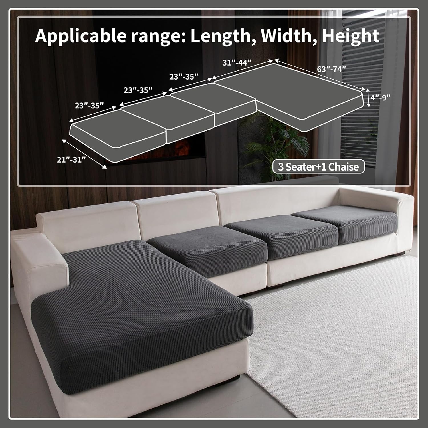 Sectional Couch Covers, Wear Resistant Stretch Sofa Covers Washable Soft Couch Cushion Covers Anti Slip Furniture Protector Sofa Slipcovers for Pets(4 Pieces 3 Seaters+1 Chaise, Dark Gray) Dark Gray 3 Seat Covers S + 1 Chaise