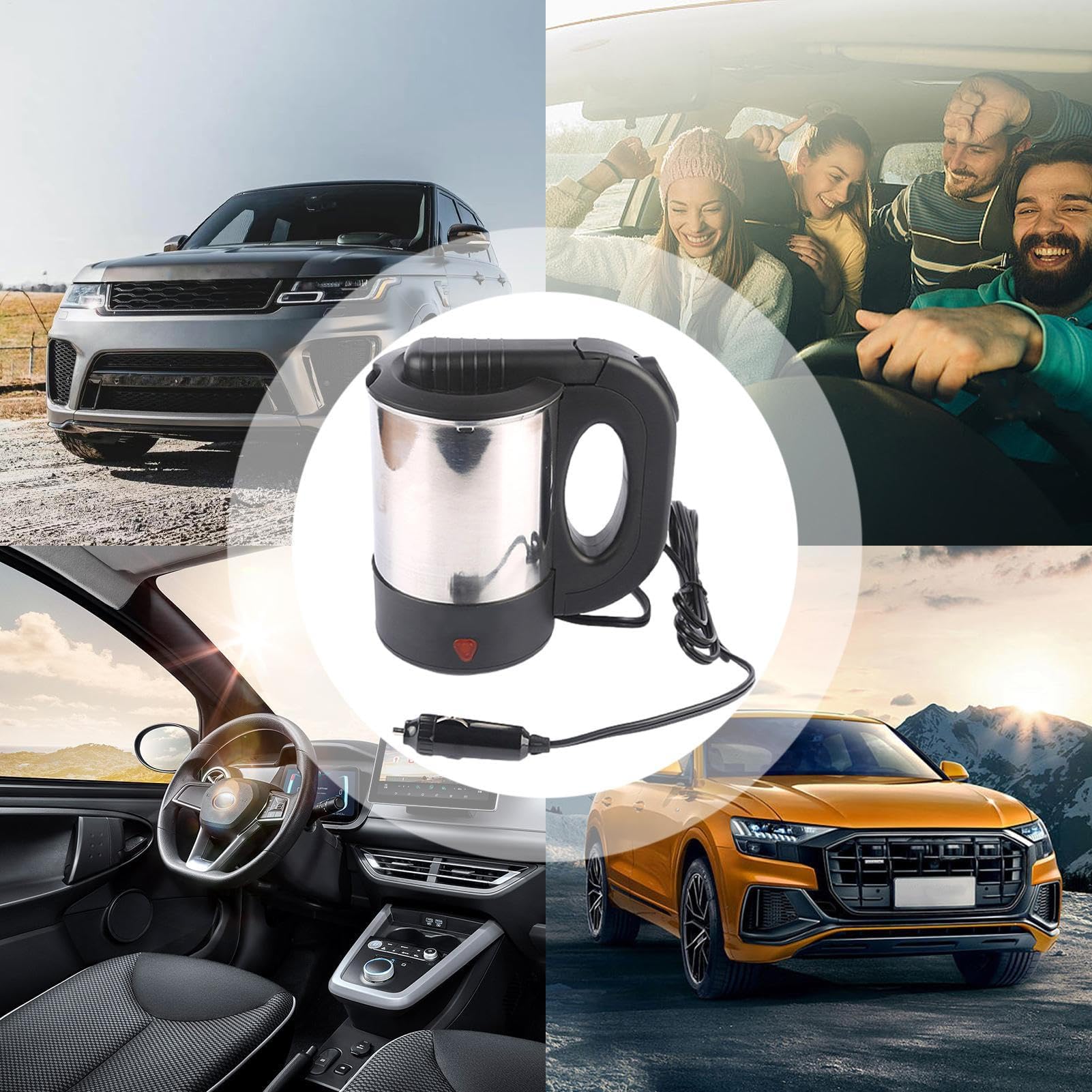 Hervidor eléctrico portátil para coche, calentador de agua de viaje de acero inoxidable para agua caliente, café y té, calefacción eficiente, diseño compacto para uso en movimiento