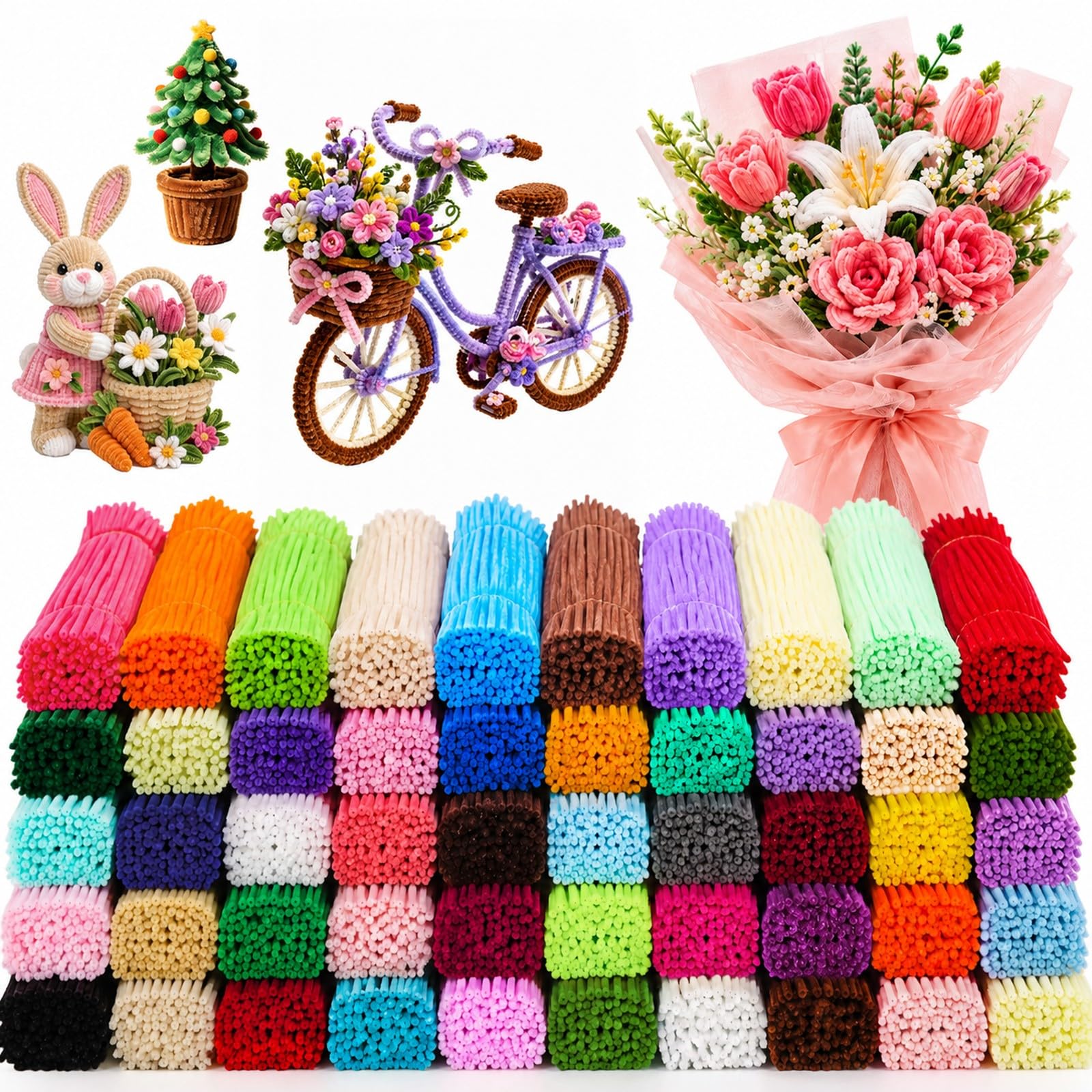 Lot de 3000 cure-tuyaux, 50 tiges chenille de couleurs, 60 tiges par