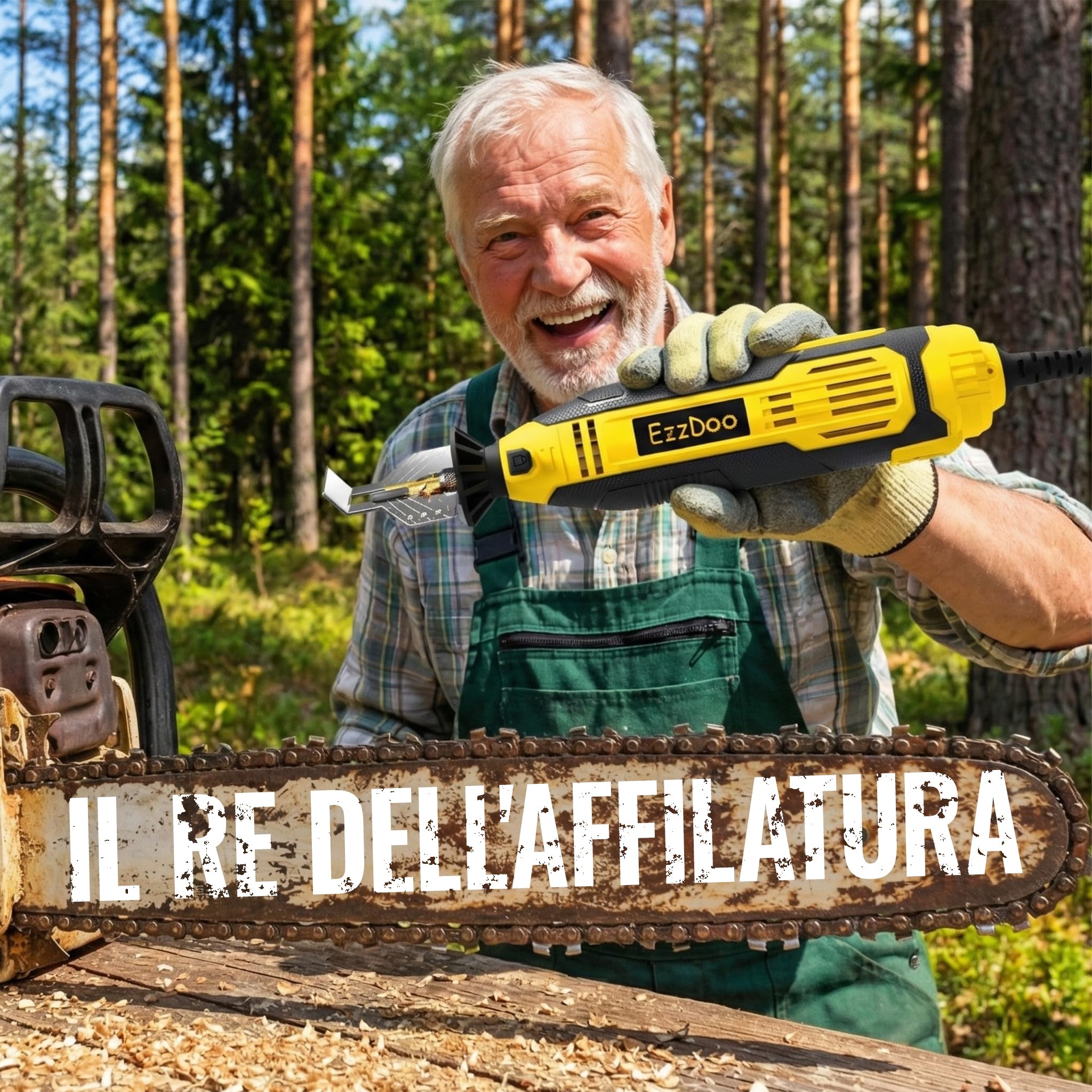 EzzDoo Kit affilacoltelli elettrico per motosega con punte diamantate placcate in titanio, strumento per affilare motosega ad alta velocità e 6 ruote ad alta durezza per tutte le catene di motosega