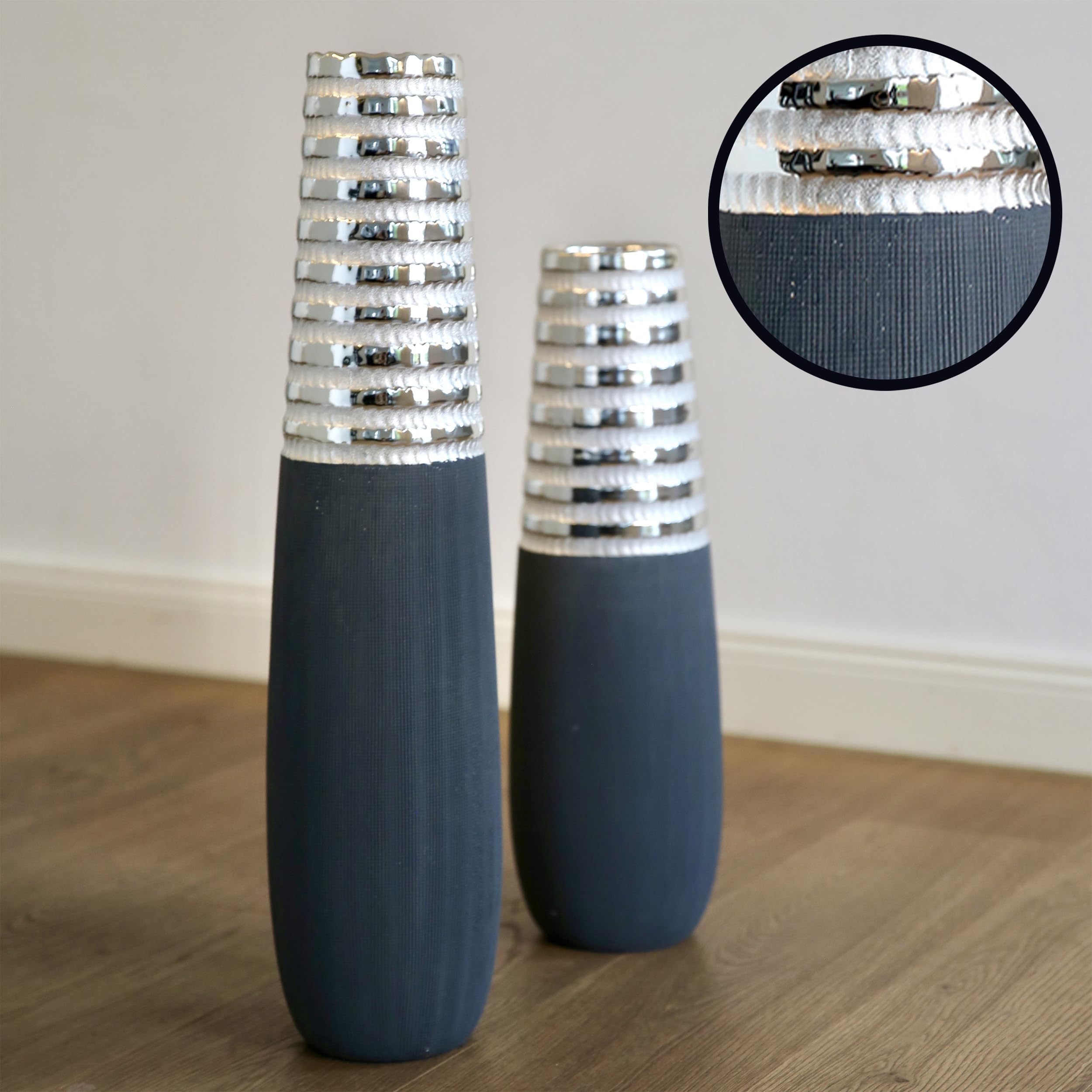 GILDE Deko-Vase Newtown - 65cm Hohe Keramikvase, Matt Grau Mit Silber-Applikation, Für Pampasgras & Trockenblumen