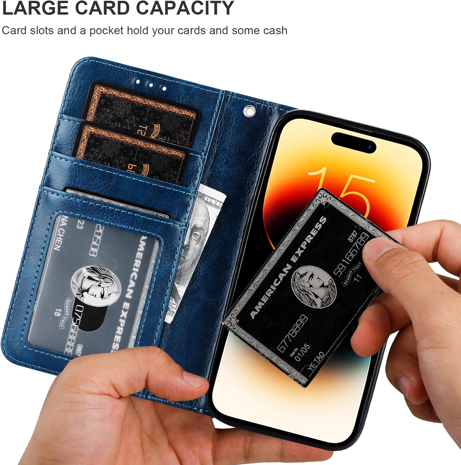 Bocasal Detachable Wallet Case for iPhone 15 RFID Blocking Card Slots Holder Premium PU Leather Magnetic Kickstand Shockproof Wrist Strap Removable Flip Protective Cover 5G 6.1 inch (Blue)