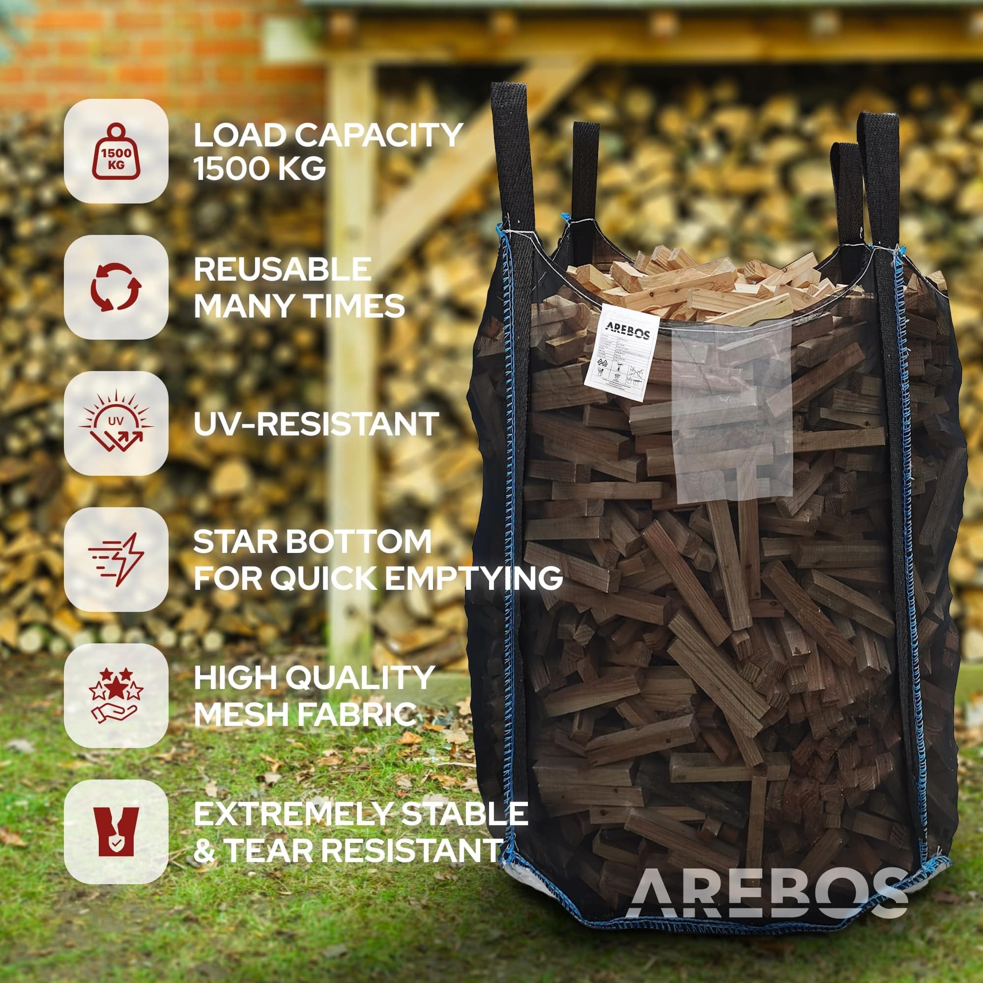 Arebos Bolsa grande | 100 x 100 x 160 cm, con 4 trabillas y delantal | capacidad de carga de 1500 kg | SF 5:1, EN ISO 21898 | saco para escombros de construcción, madera, residuos de