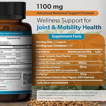 Moringa & Turmeric with BioPerine 10mg 95% Piperine 1100 MG Joint Support Supplement with 95% Curcuminoids, 120 Vegan Capsules, USA-Made, GMP & UL-Certified