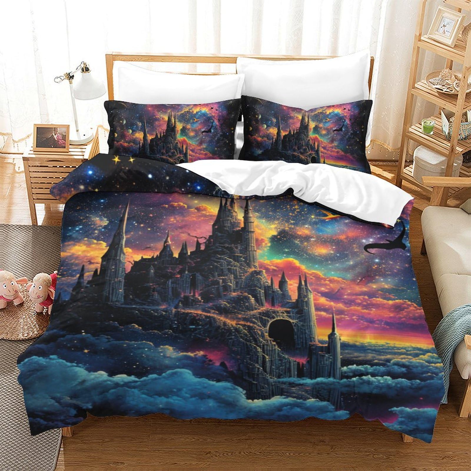Housse de couette 140x200 château 3D pour chambre d'enfant féerique
