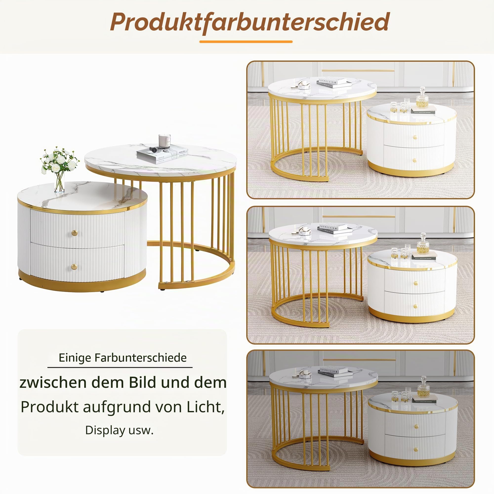 BTM Elegantes 2-teiliges, weißes Couchtisch-Set in Nestform, 60*60*45.5cm & 50*50*32cm, runde Tische mit hochglänzender Marmoroptik, 2 Schubladen, bis 30kg belastbar,Nesting-Kombination Couchtisch