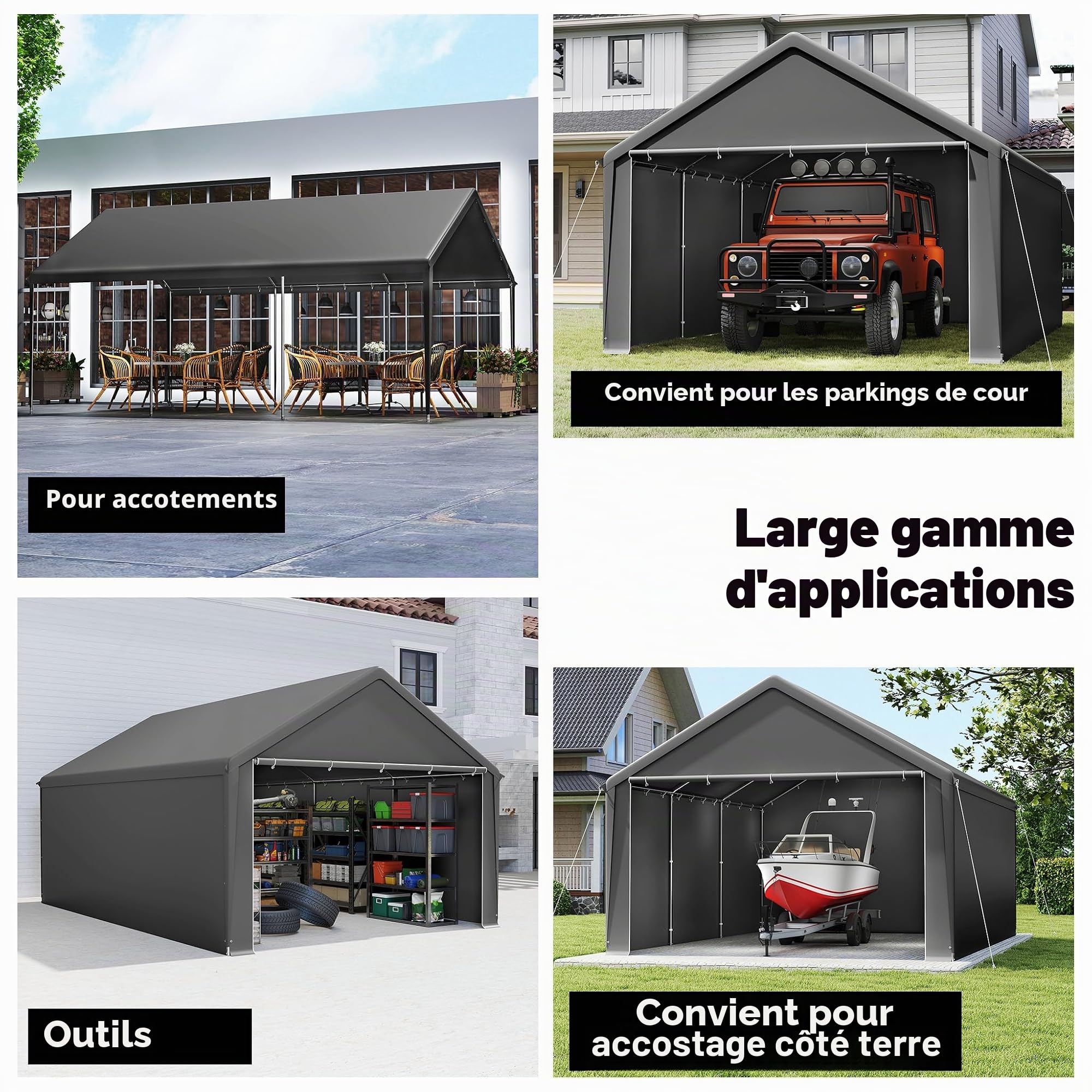 Carport, tente de rangement, 4 x 6 m, gris, structure en acier galvanisé, bâche en polyéthylène 200 g/m², imperméable, protection UV, avec bâches latérales, renfort de toit et accessoires