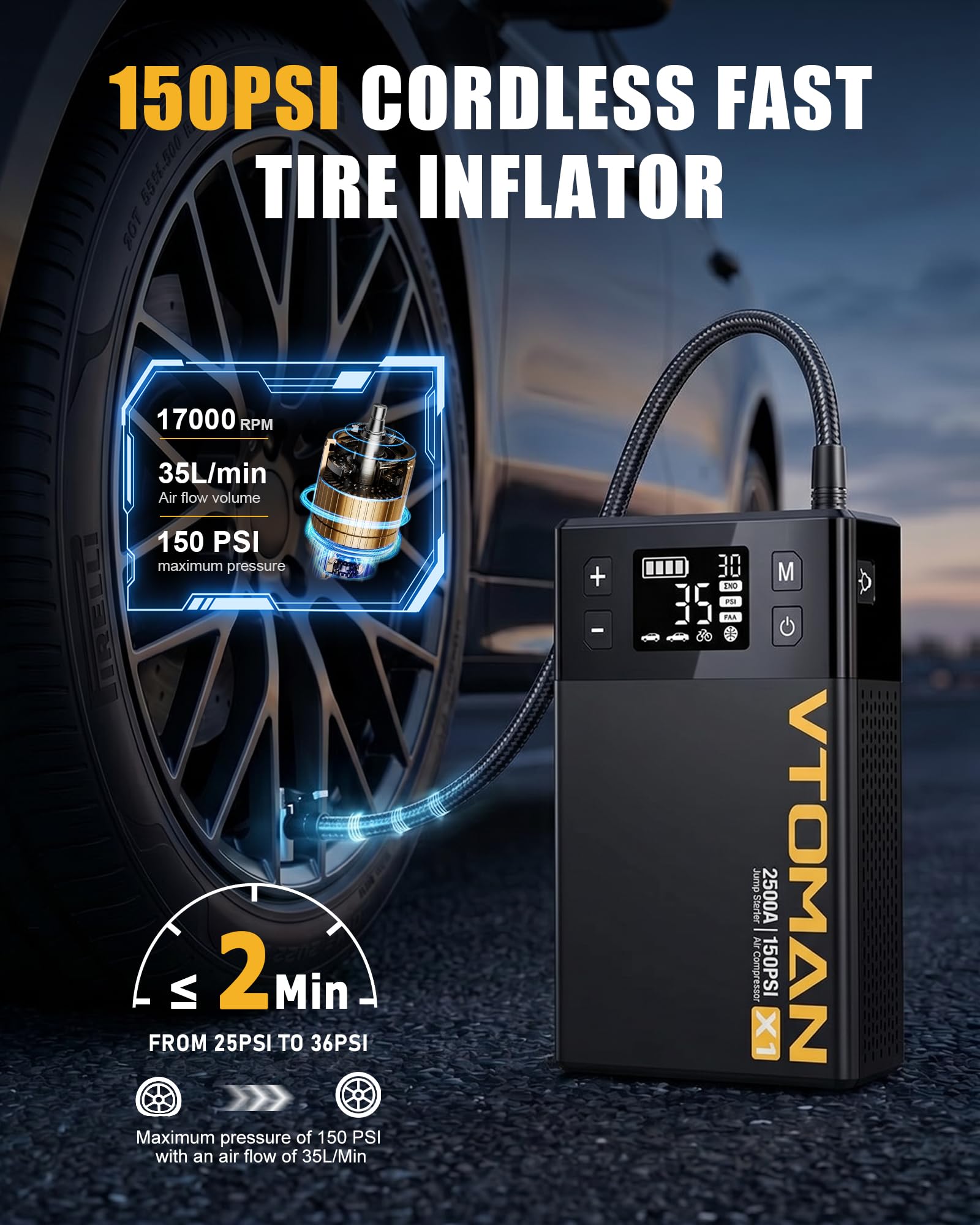 VTOMAN X1 - Paquete de energía de arranque con compresor de aire de 2500 A, arrancador de batería portátil de coche (hasta motores diésel de hasta 8.5 L/6.0 L) con inflador de neumáticos digital de