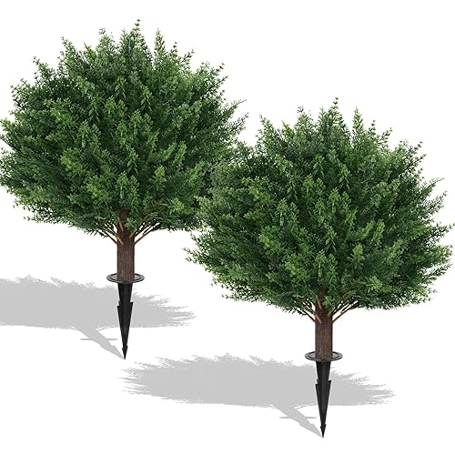 2Pack Artificial Cedar Topiary Ball Trees, 16'' UV Resistant Fake