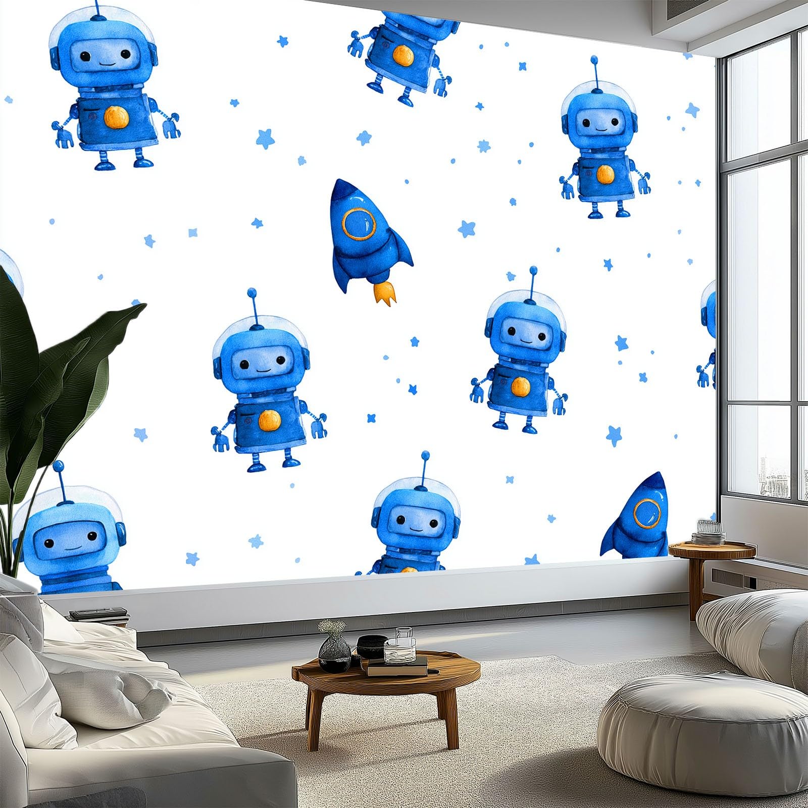 Fototapeta z włókniny, z kreskówki, robot kosmiczny, tapeta na fizelinie, biała, do salonu, sypialni, biura, korytarza, 350 x 256 cm, tapeta do pokoju dziecięcego, dla chłopców i dziewczynek