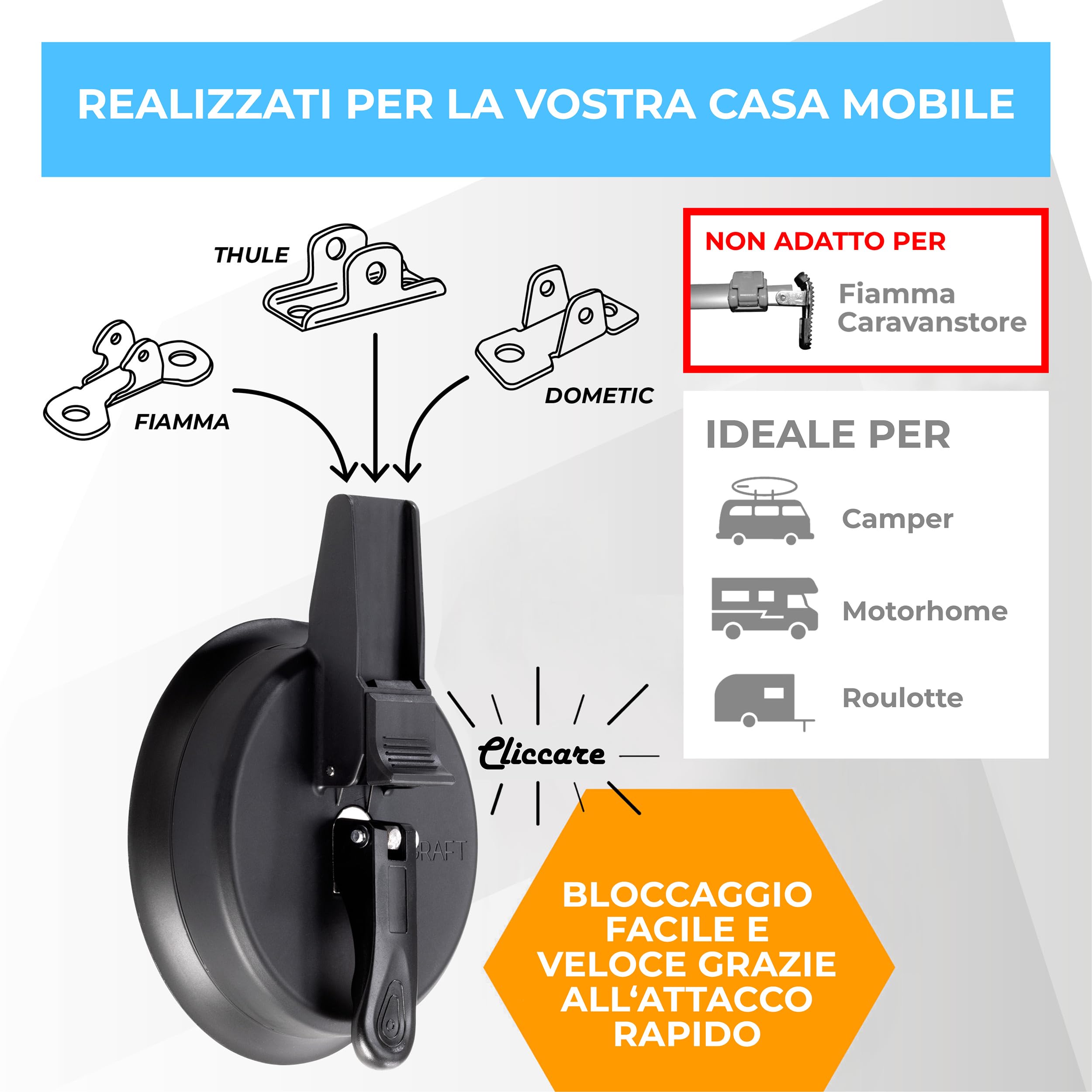 Graft Supporto per Tenda (2 Pezzi) | Supporto per Piede di Tenda | Supporto per Piede di Tenda per Camper, Motorhome, Caravan | Realizzato con Thule, con Fiamma e con DOMETIC | Accessori per Tenda