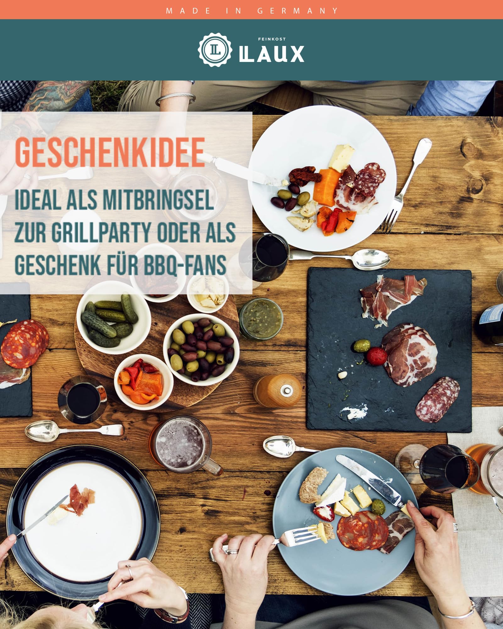 LAUX BBQ Geschenkset für Frauen und Männer – BBQ Gewürze, Sauce & 2 Dipschalen – Feinkost Geschenkbox mit erlesenen Zutaten für Grill & Küche - Geschenkidee zu jedem Anlass