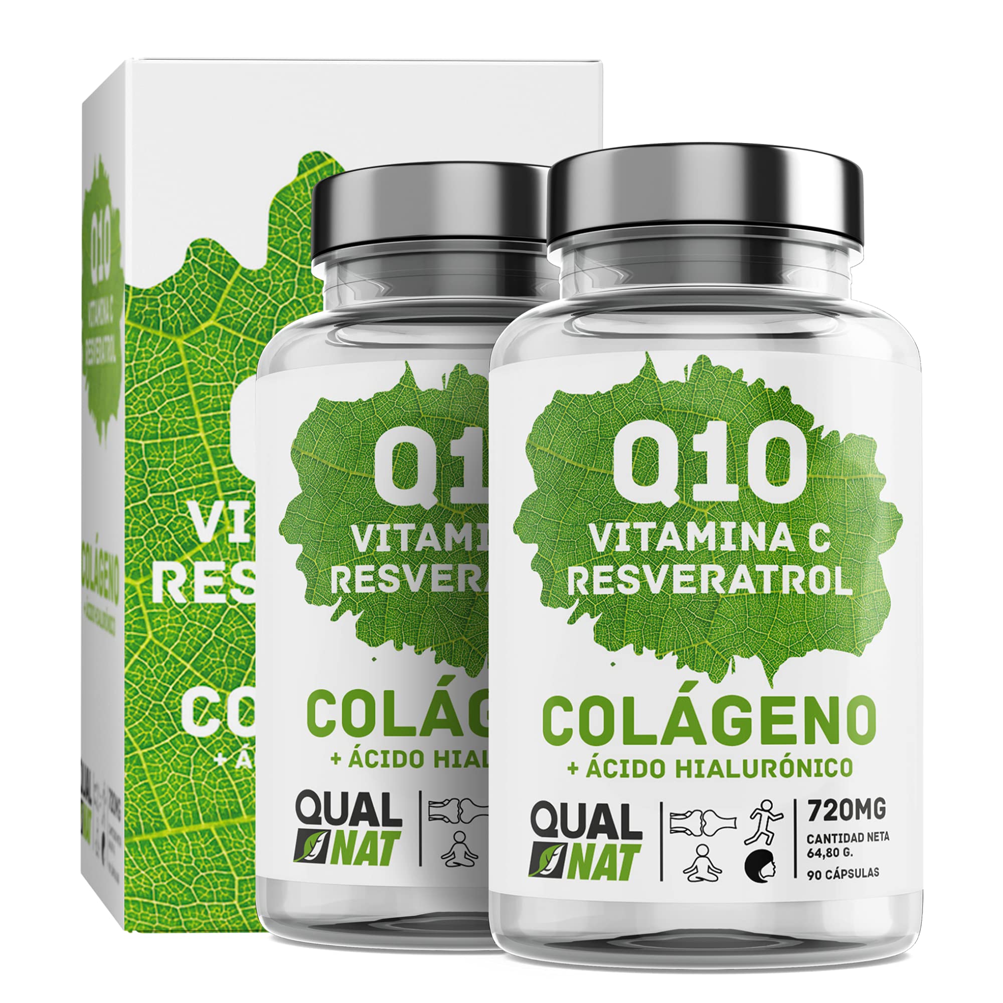 Coenzima Q10 con Resveratrol, Vitamina C, Colágeno y Ácido Hialurónico | Ayuda a Fortalecer Piel, Huesos y Articulaciones - Antioxidante - 180 Cápsulas- QUALNAT