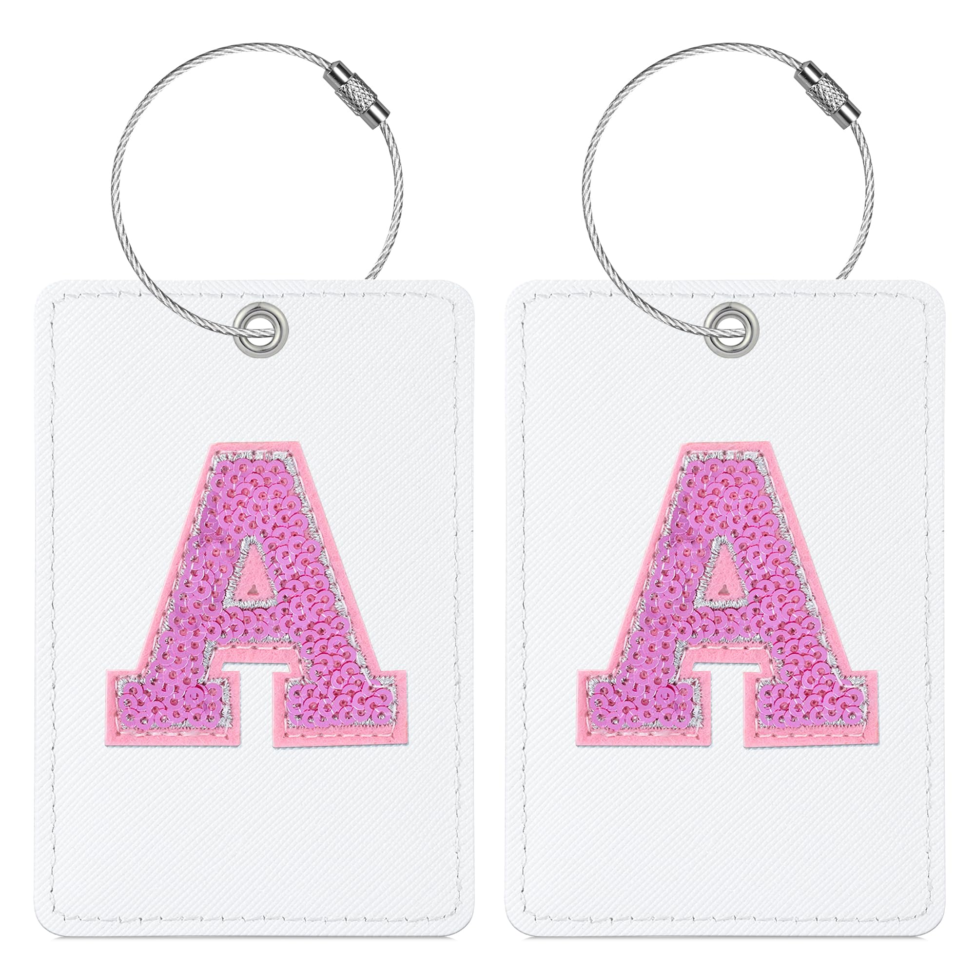 Sodsay 2 PCS Initial Luggage Tag, Luggage Tags for Suitcases Cute Sequin Letter PU Leather Travel Bag Baggage Tags ID Label with Steel Loops for Women