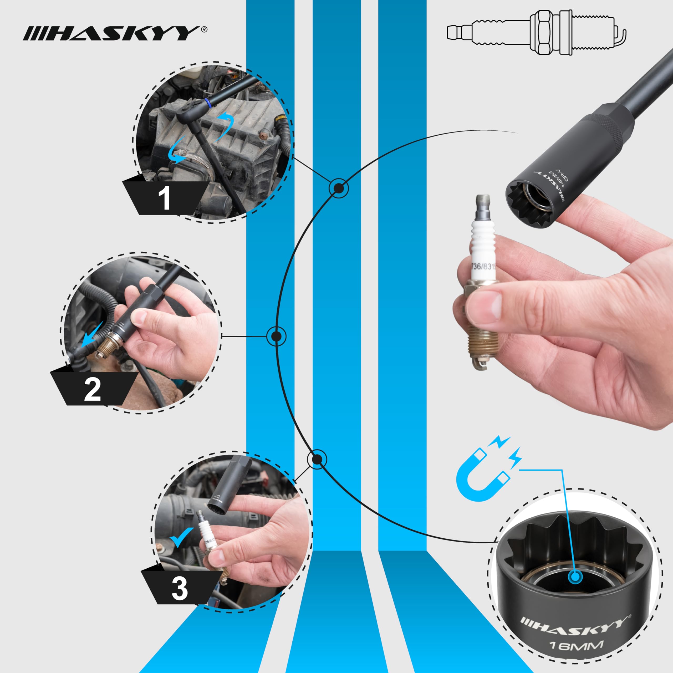 HASKYY Zündkerzennuss Zündkerzenschlüssel Magnetsch Kerzenschlüssel 3