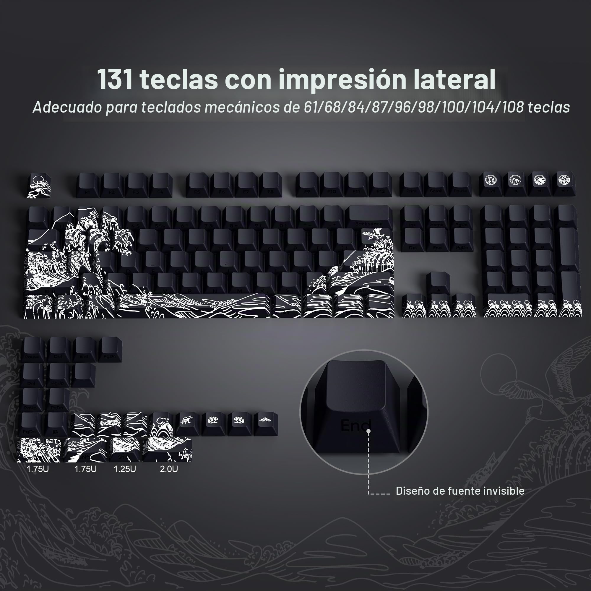 131 teclas PBT Keycaps Custom Keycap Cherry Profile Shine Through, Wave of Kanagawa Double Shot Keycaps Side Print, Dye Sub Keycap Set, Negro
