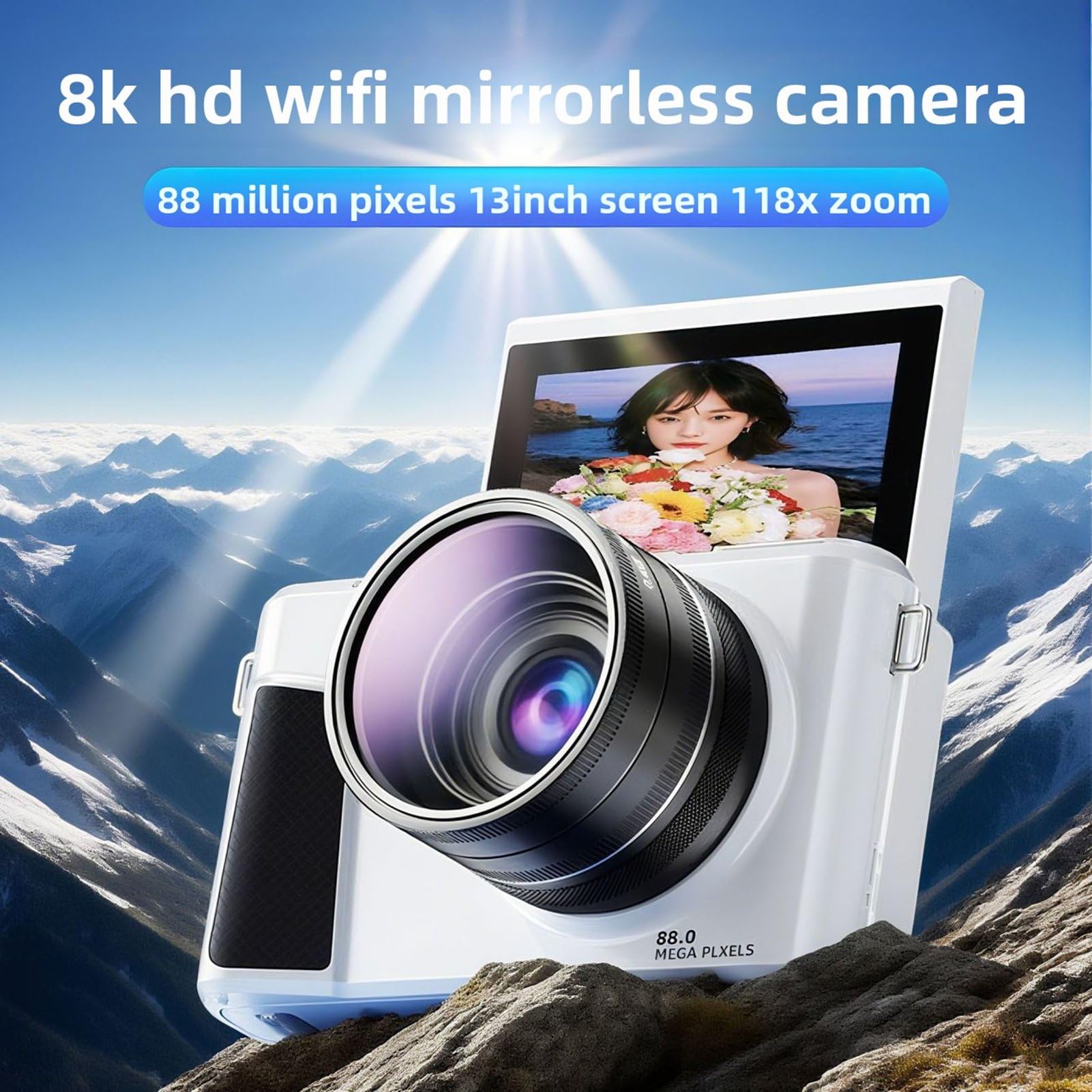 Fotocamera Digitale 8K per Fotografia, Fotocamera per Vlogging WiFi HD da 88 MP, Zoom 18X Messa a Fuoco Automatica Schermo Ribaltabile da 3 Pollici per Vlogging WiFi con Doppia (Bianca)
