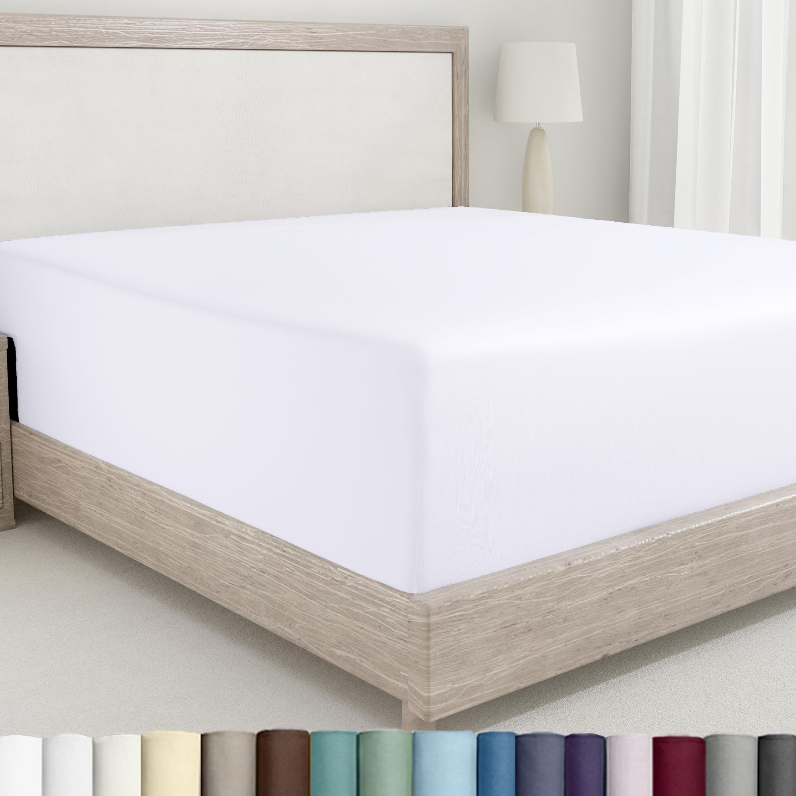 California Design Den Queen Fitted Sheet Only - 100% Cotton 400 Thread Count Sateen, Deep Pocket Fitted Sheet Queen, No-Pop Off Elastic - White