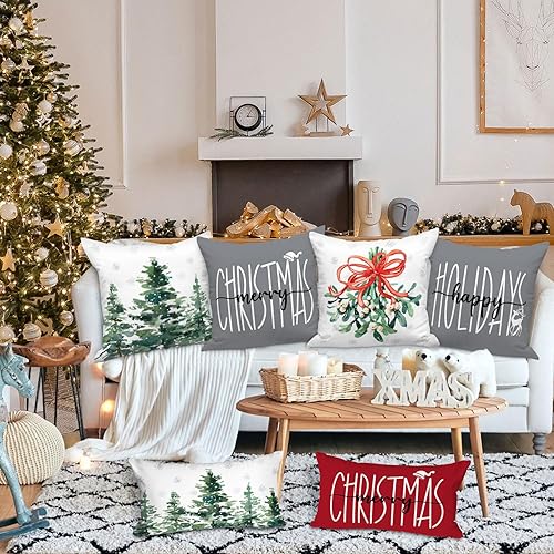 Miniatura 3 de Lanpn Juego de 4 fundas de almohada navideñas de 18 x 18 pulgadas, diseño de bosque invernal para exteriores, decoración navideña, 18 x 18 pulgadas,