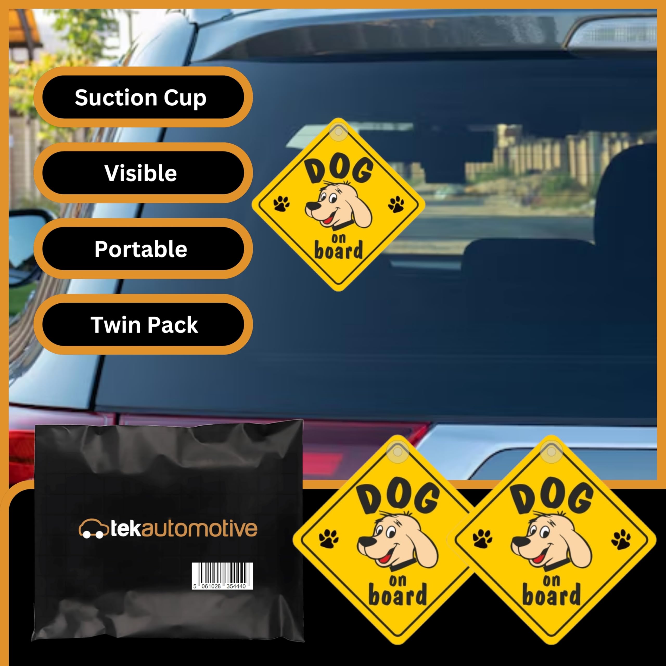 Tek Automotive Panneau de voiture Dog on Board | Lot de 2 | Ventouse de 14 x 14 cm | Autocollant chien jaune très visible