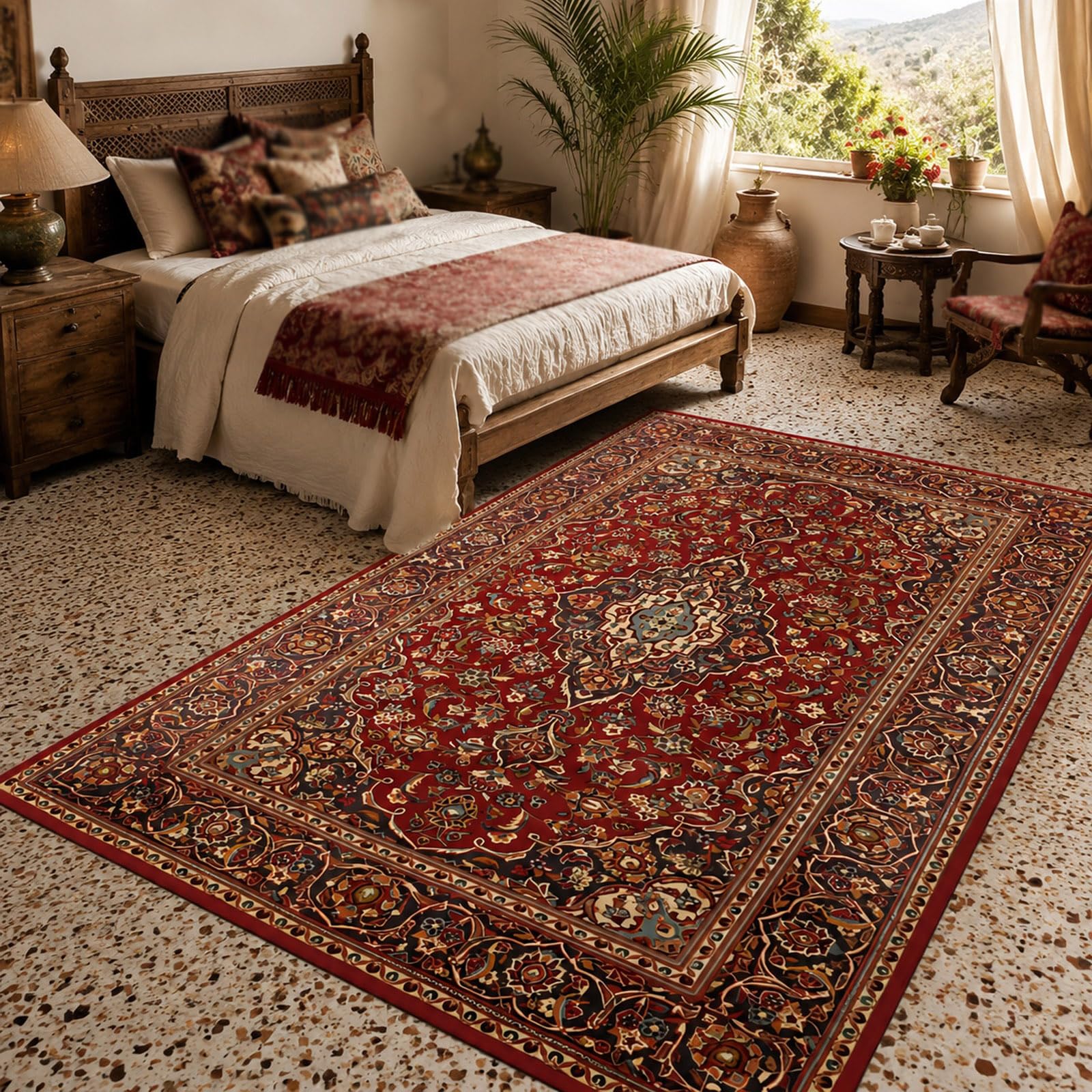 Tappeto Antiscivolo, 185 x 245 cm, shabby chic floreale rosso blu beige giallo, Tappeti Decorazioni interni Comodino Tavolino per Camera da Letto, Soggiorno,