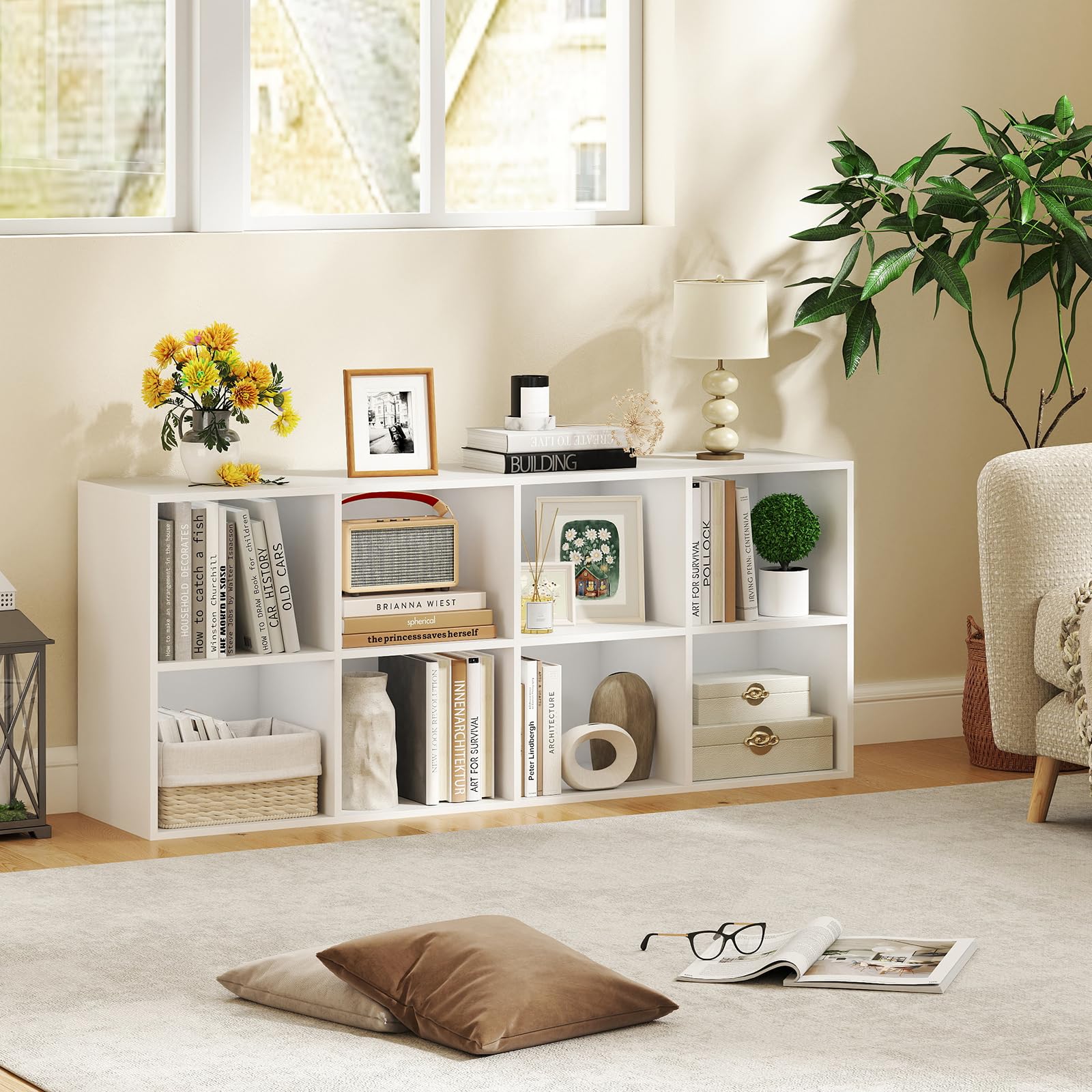 KOMFOTTEU Libreria Scaffale con 8 Cubi, Libreria Legno con 2 Dispositivi Antiribaltamento, Mobile Contenitore per Soggiorno, Camera da Letto, Ufficio, 121,5 x 29 x 61 cm (Bianco)