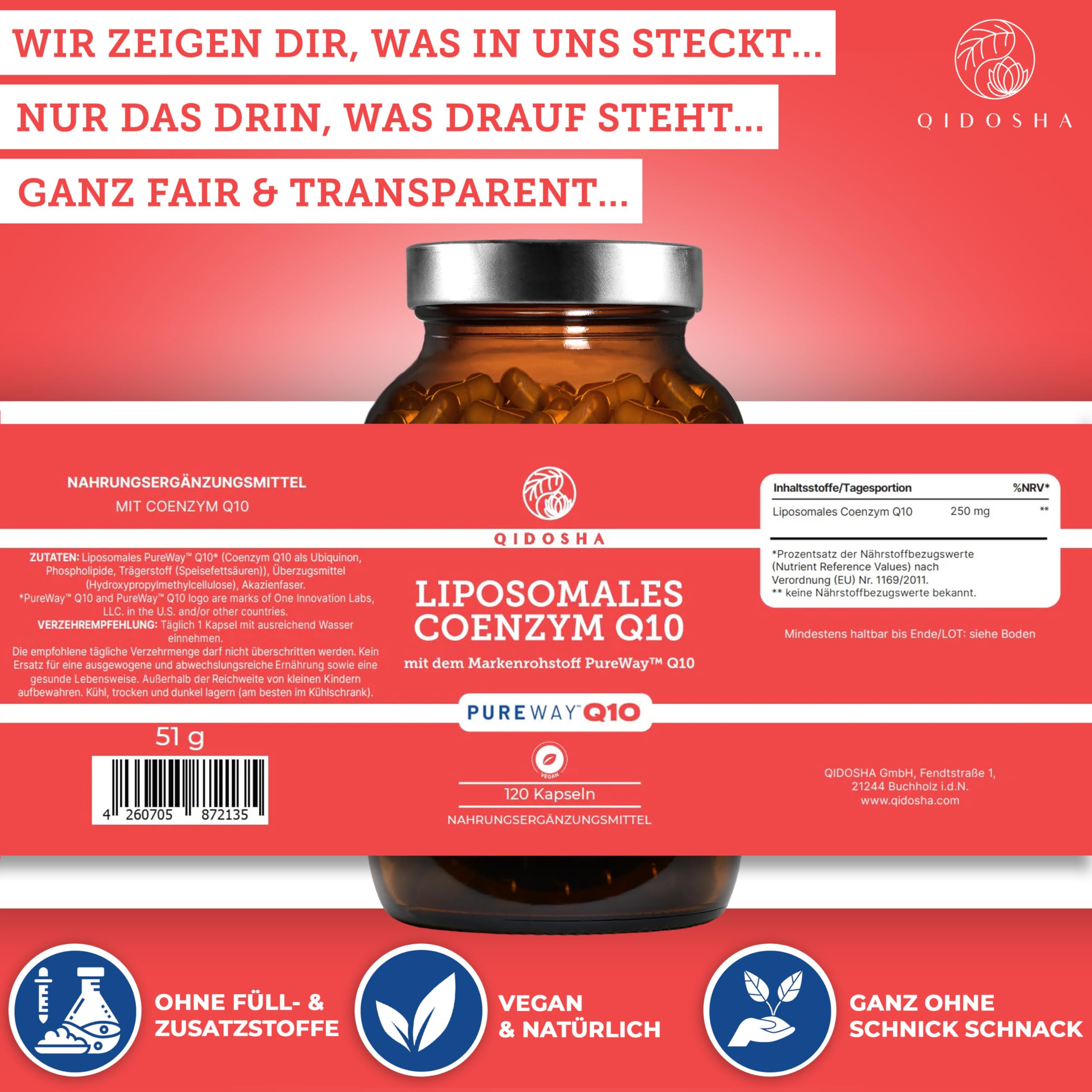 QIDOSHA® Coenzym Q10 liposomal mit dem Markenrohstoff "PureWay™ Q10", 120 Kapseln im Apothekerglas, hohe Bioverfügbarkeit, echte liposomale Technologie, deutsche Fertigung, jede Charge laborgeprüft