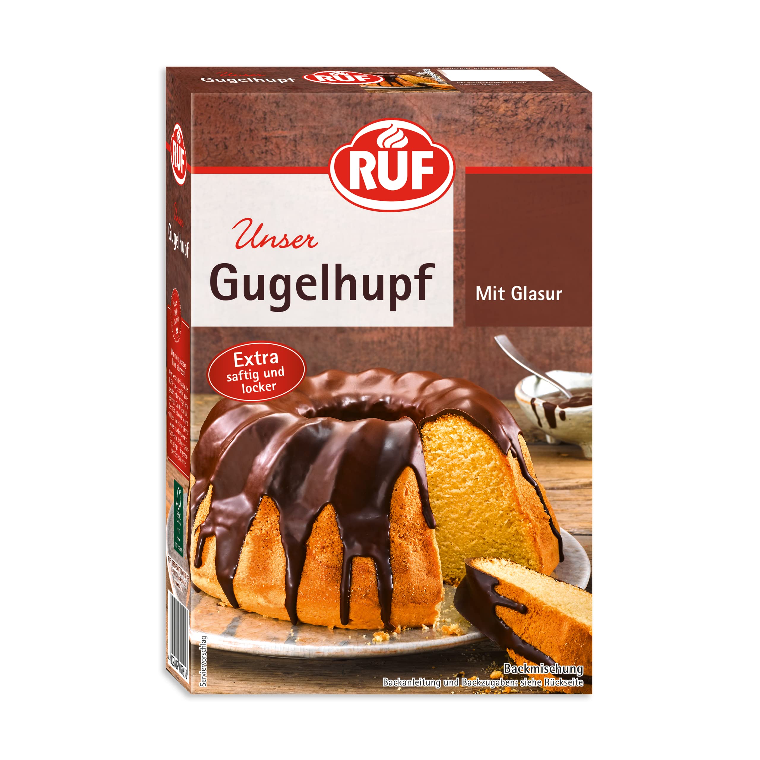 RUF Gugelhupf Backmischung für einen extra saftigen und lockeren Rührteig mit knackiger Kakao-Glasur, schnelle und einfache Zubereitung, 1x550g