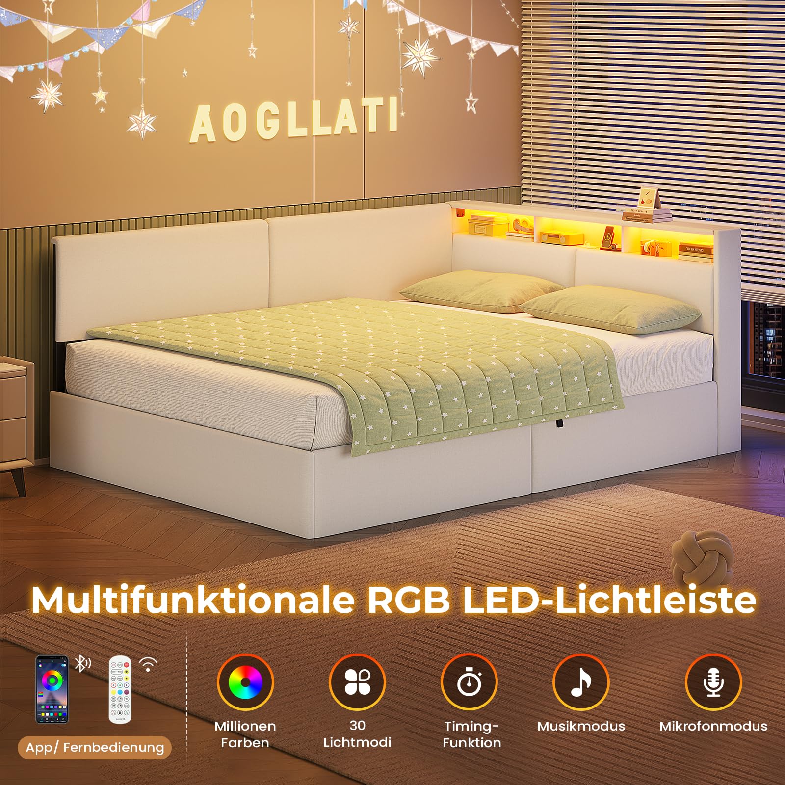 AOGLLATI Polsterbett Schlafsofa 140x200 mit USB-Steckdosen & hydraulischem Stauraum, Betten 140x200 mit LED-Kopfteil & Lattenrost, Kinderbett Tagesbett, Doppelbett, Leinen, Beige (ohne Matratze)